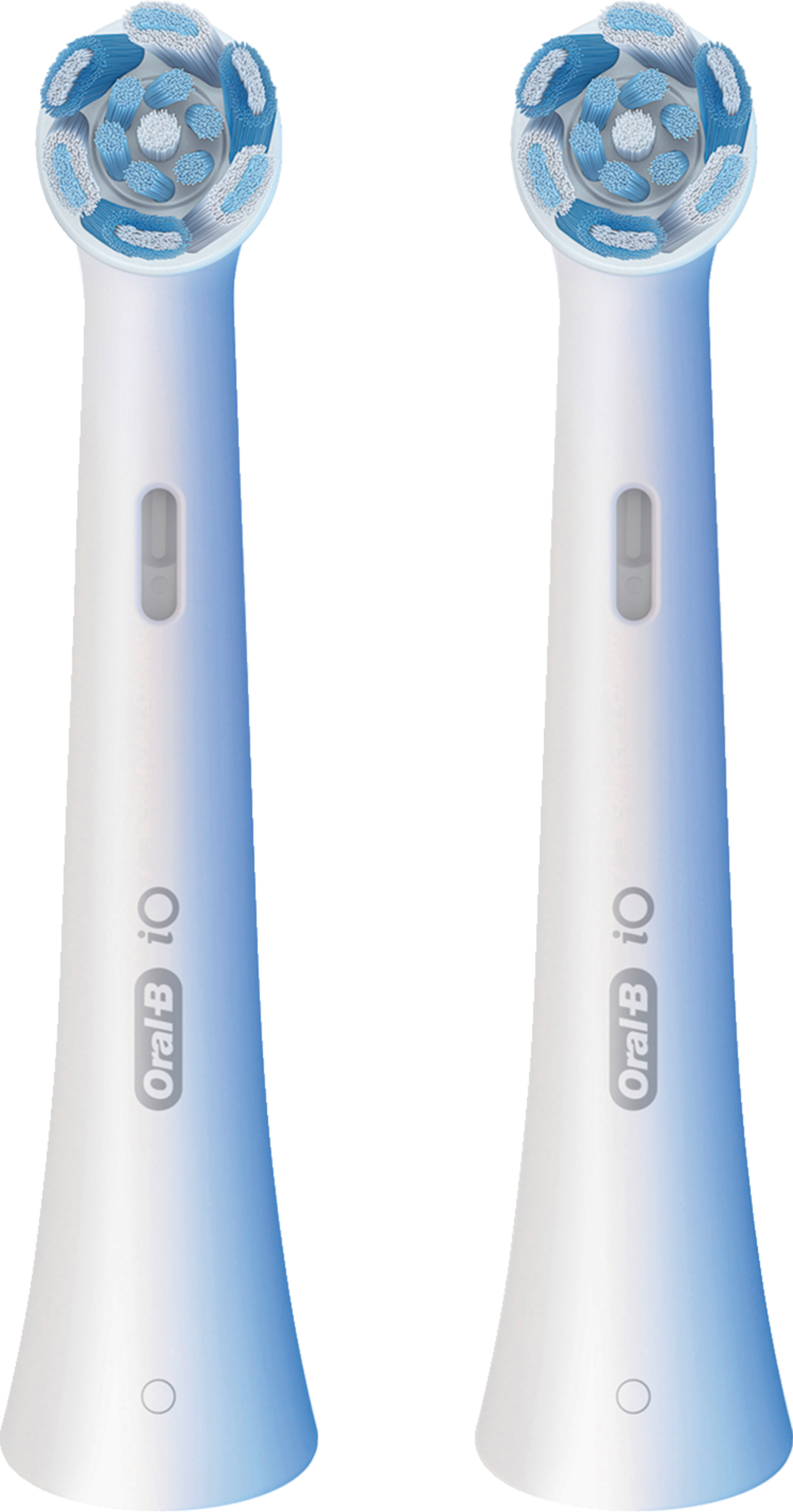 Zwei Oral-B iO-Zahnbürstenköpfe, weiß mit blauen Borsten.