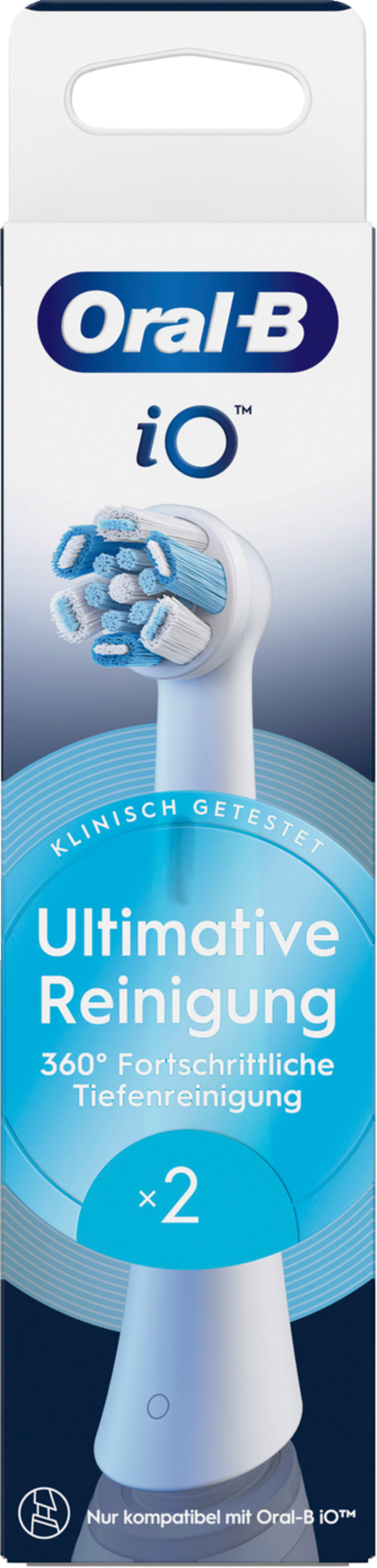 Oral-B iO Zahnbürstenkopf-Packung. Zeigt einen weiß-blauen Zahnbürstenkopf mit Text.