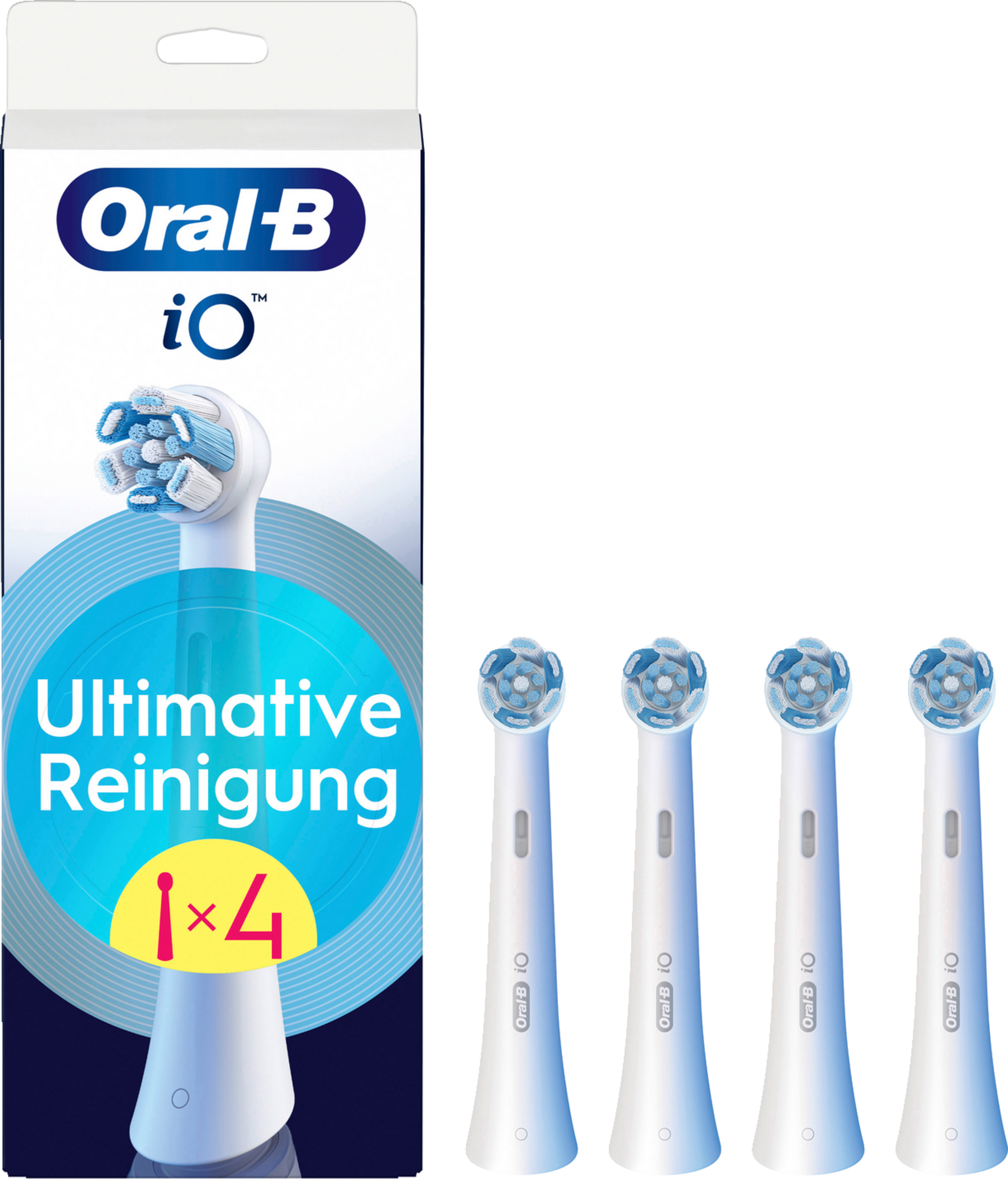 Oral-B iO Zahnbürstenköpfe. Eine Packung mit einem Kopf und vier losen Köpfen rechts.