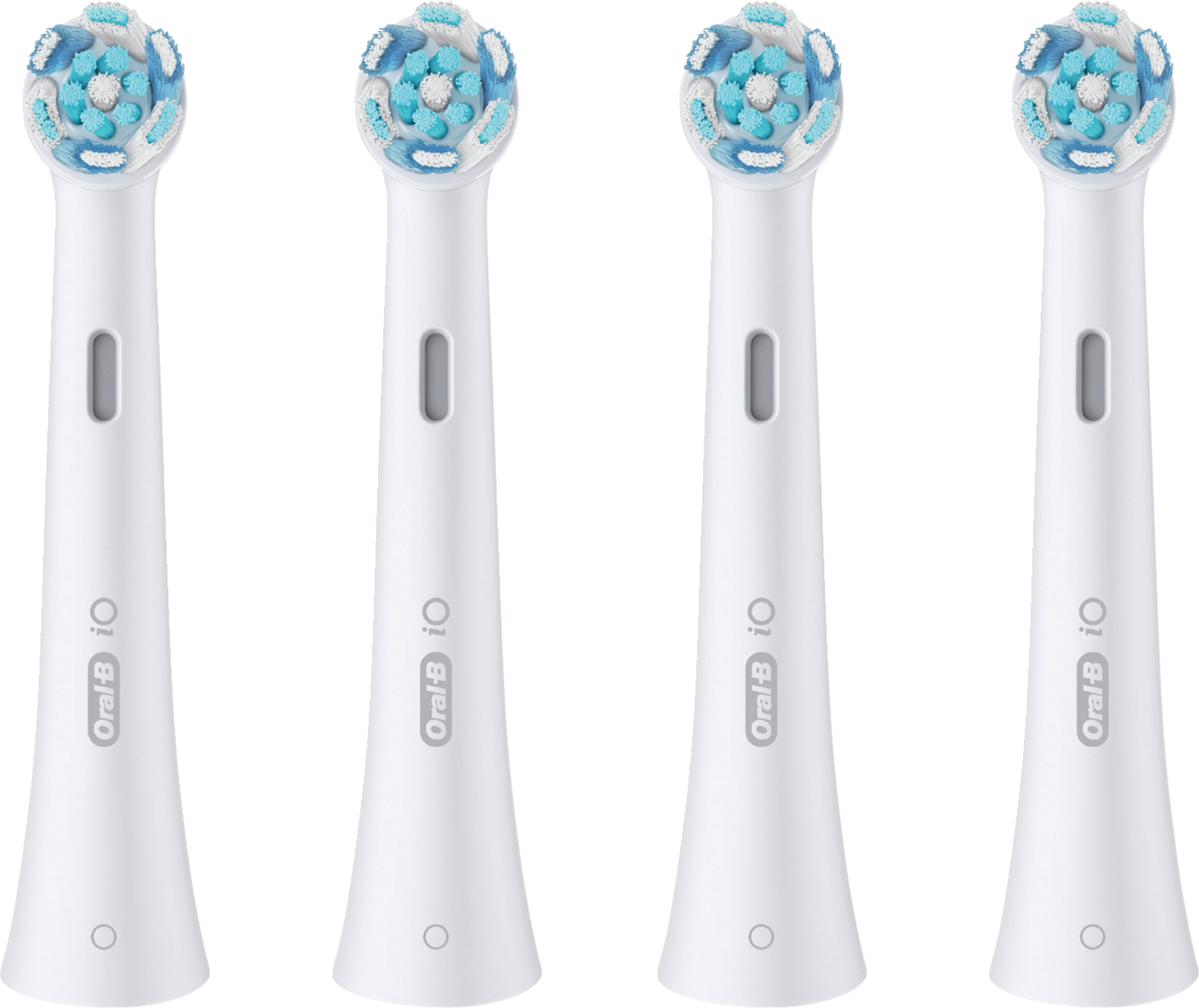 Vier Oral-B iO Zahnbürstenköpfe. Weiße Griffe mit blau-weißen Borstenköpfen sind sichtbar.