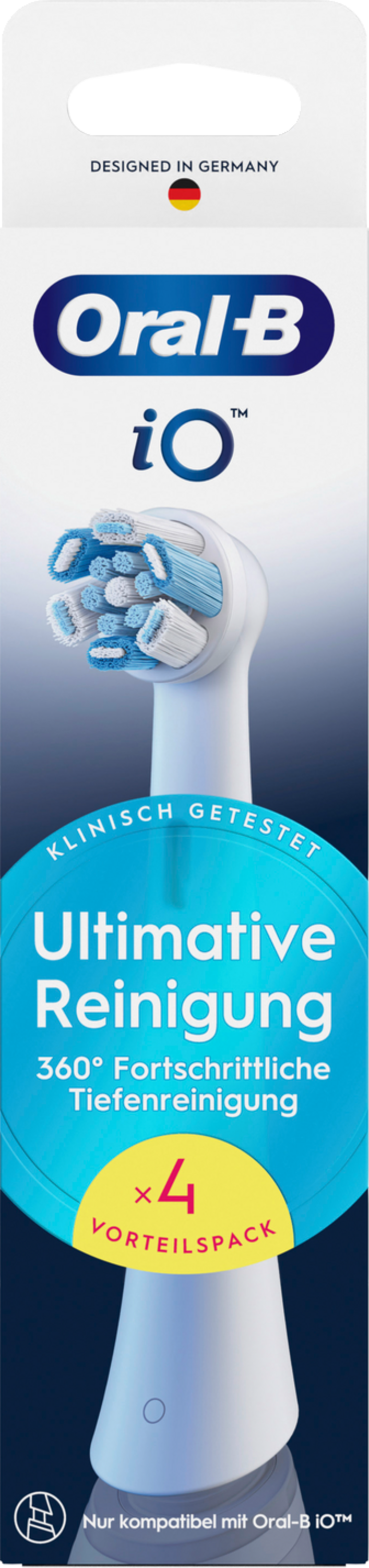 Oral-B iO Zahnbürstenkopf-Packung. Zeigt einen weiß-blauen Zahnbürstenkopf und Text.