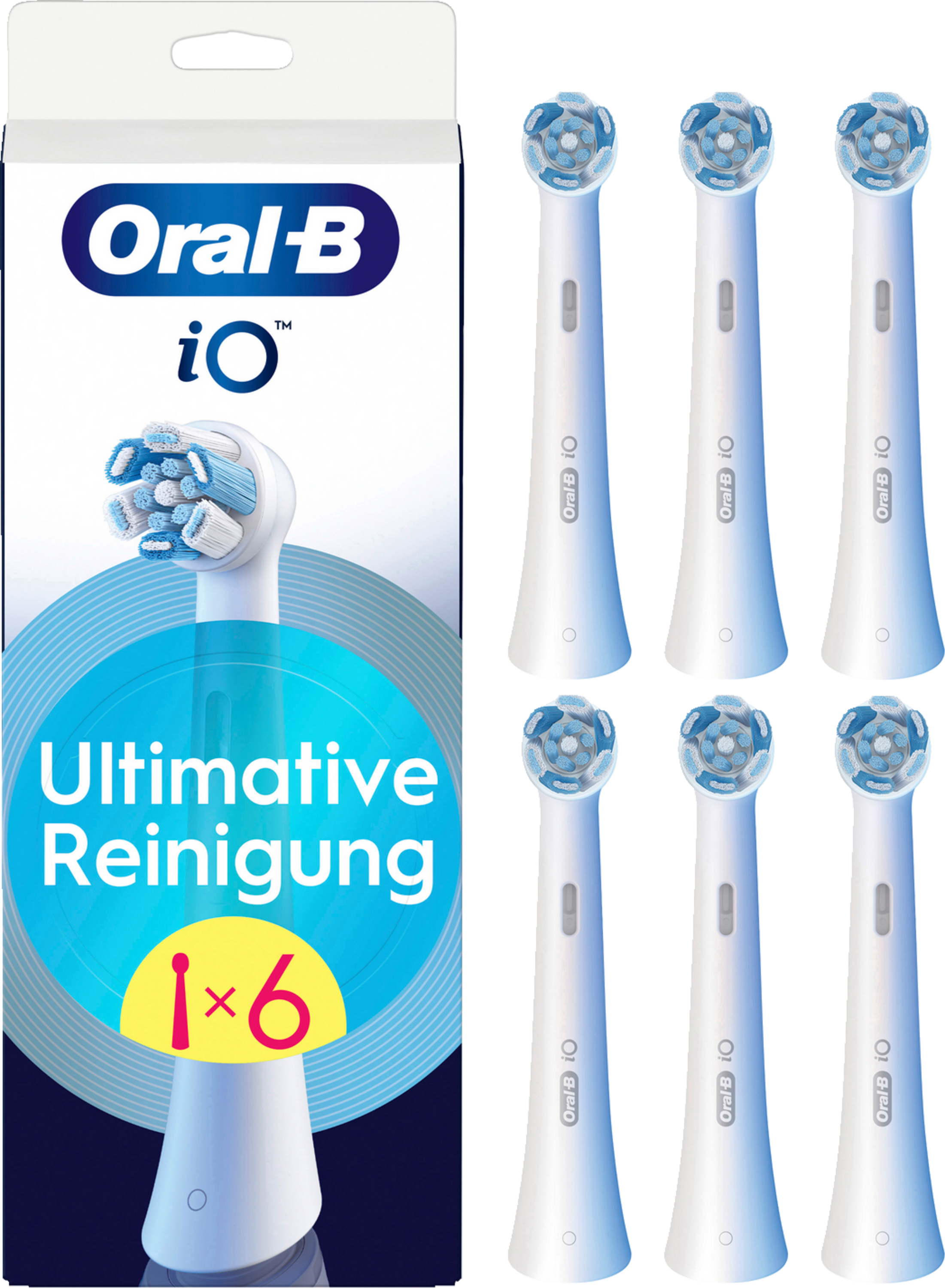 Eine Packung Oral-B io Zahnbürstenköpfe und eine Nahaufnahme eines Kopfes.