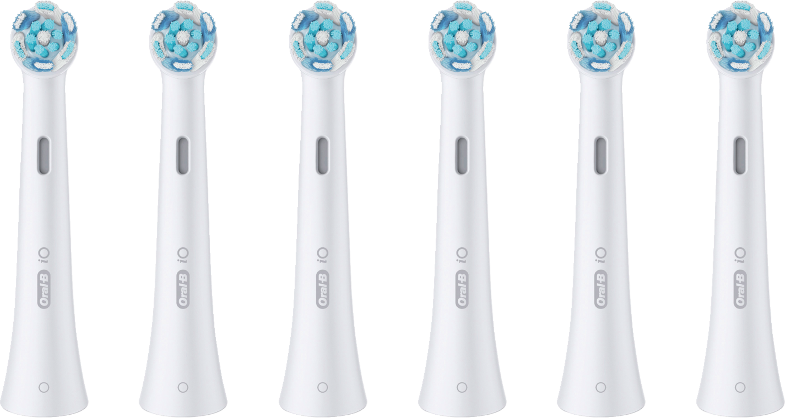 Sechs Oral-B iO Zahnbürstenköpfe. Weiße Griffe mit blau-weißen Borstenköpfen sind sichtbar.