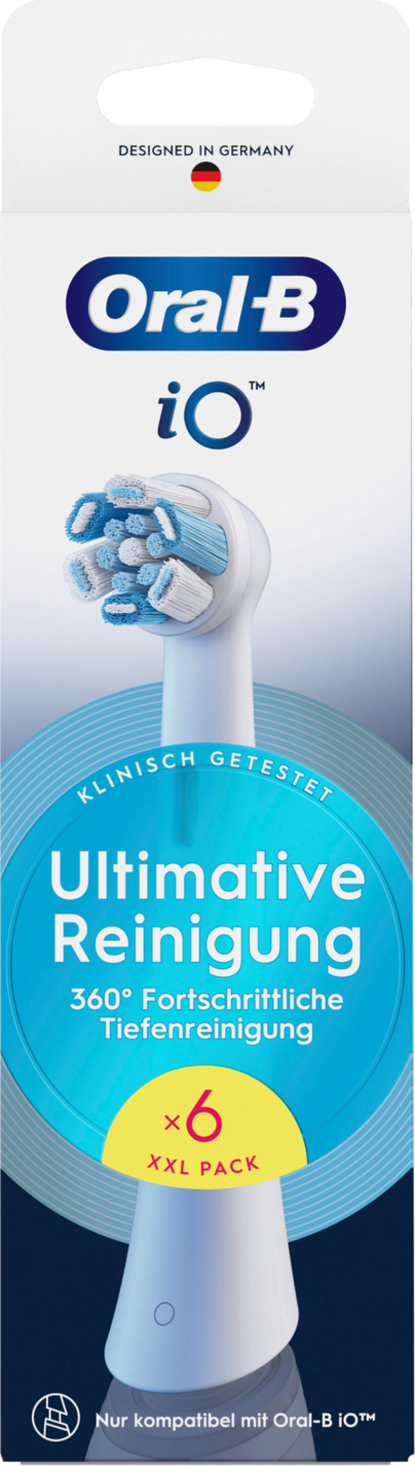 Oral-B iO Zahnbürstenkopf-Packung. Zeigt einen weiß-blauen Zahnbürstenkopf und Text.