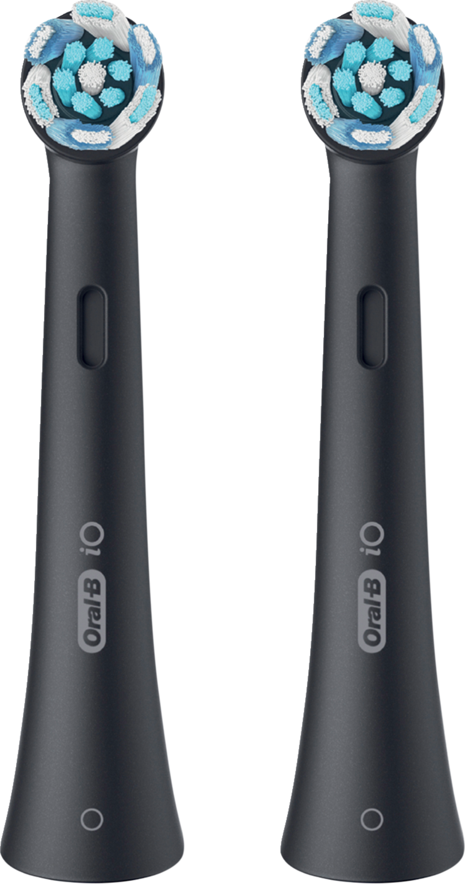 Zwei schwarze Oral-B iO Zahnbürstenköpfe. Weiße und blaue Borsten sind auf den Köpfen sichtbar.