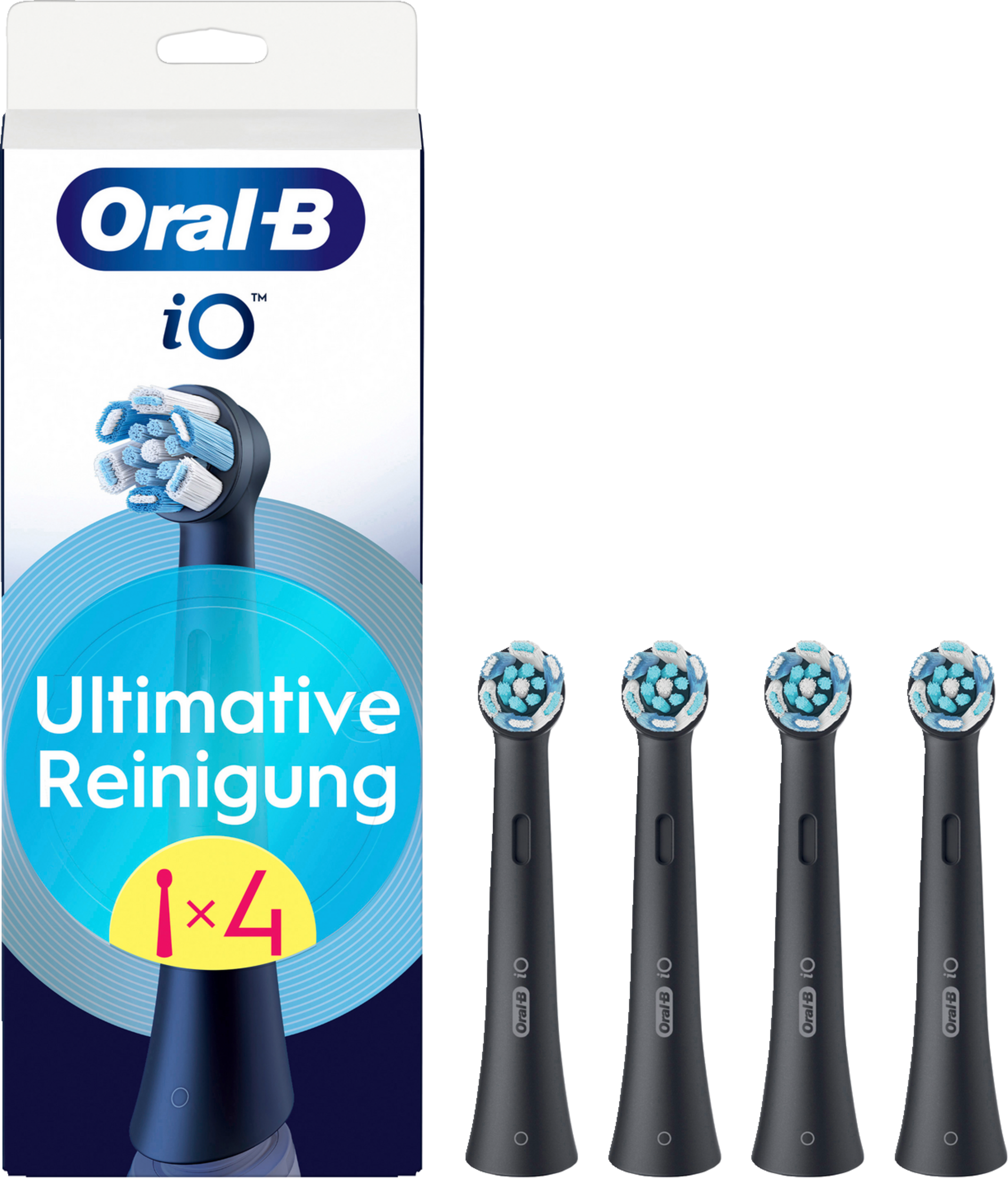 Oral-B iO Zahnbürstenköpfe in einer Box und vier Ersatzköpfe. Weiße und blaue Farben, dunkler Hintergrund.