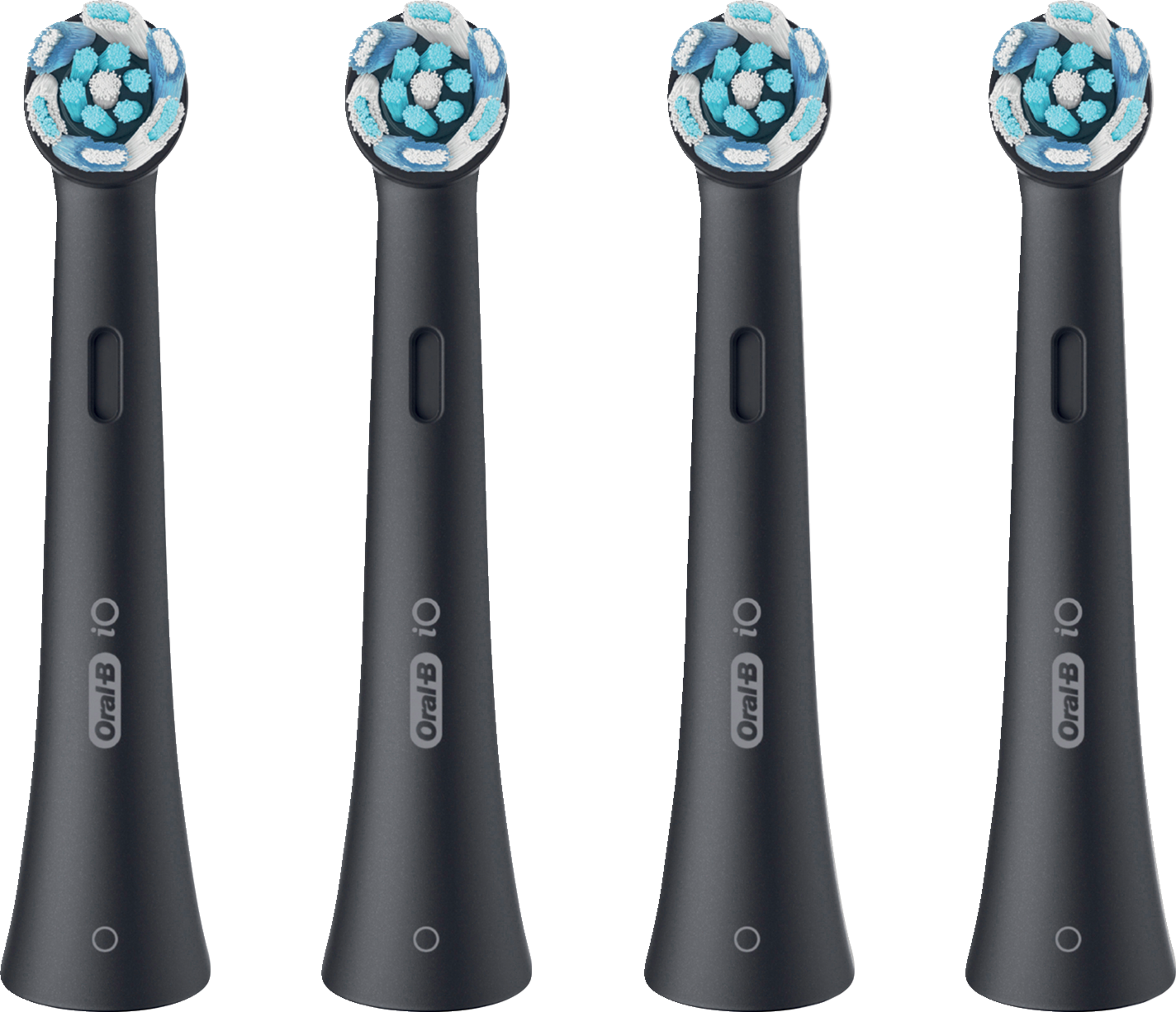 Vier schwarze Oral-B iO Zahnbürstenköpfe mit blau-weißen Borsten.