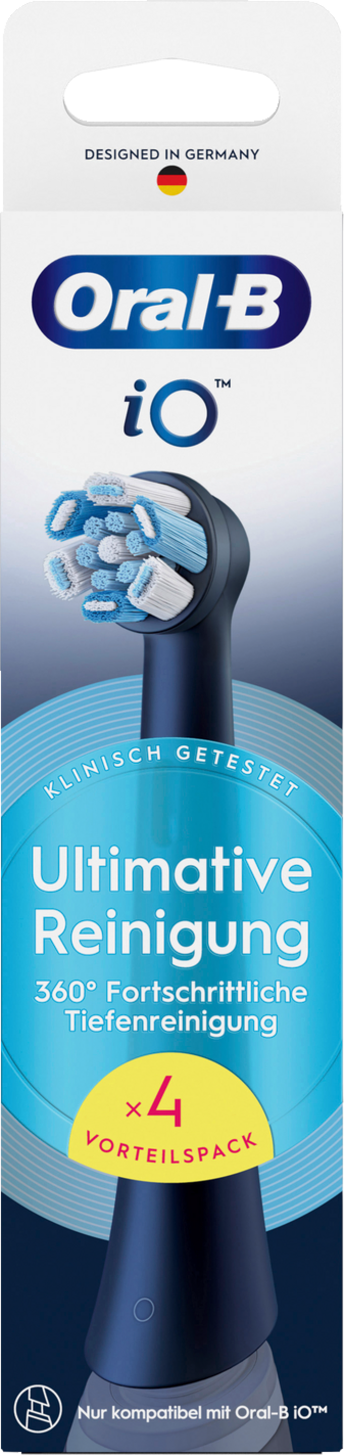 Oral-B iO Zahnbürstenkopf-Packung. Zeigt einen dunkelblauen Zahnbürstenkopf und Text.