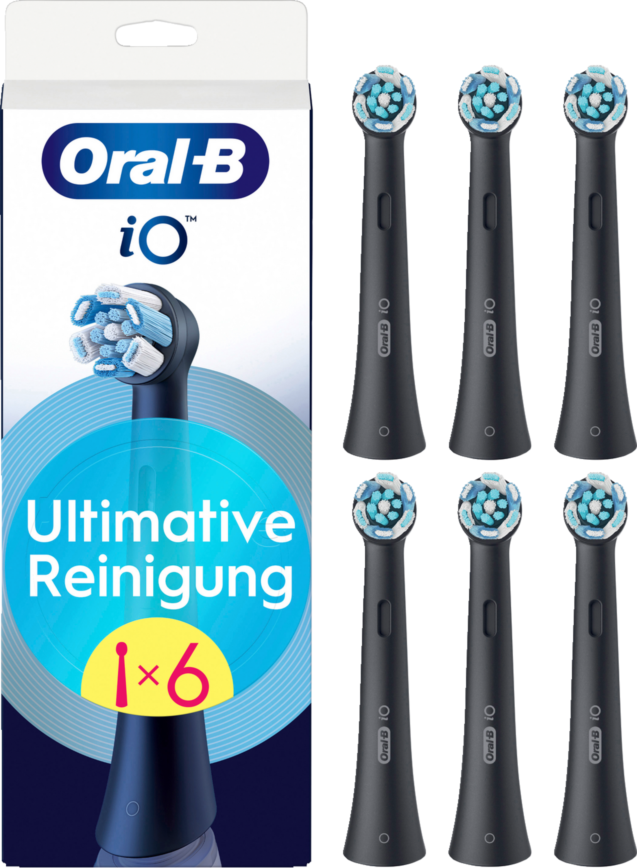 Oral-B Zahnbürstenköpfe in einer Box. Sechs schwarze Köpfe sind sichtbar.