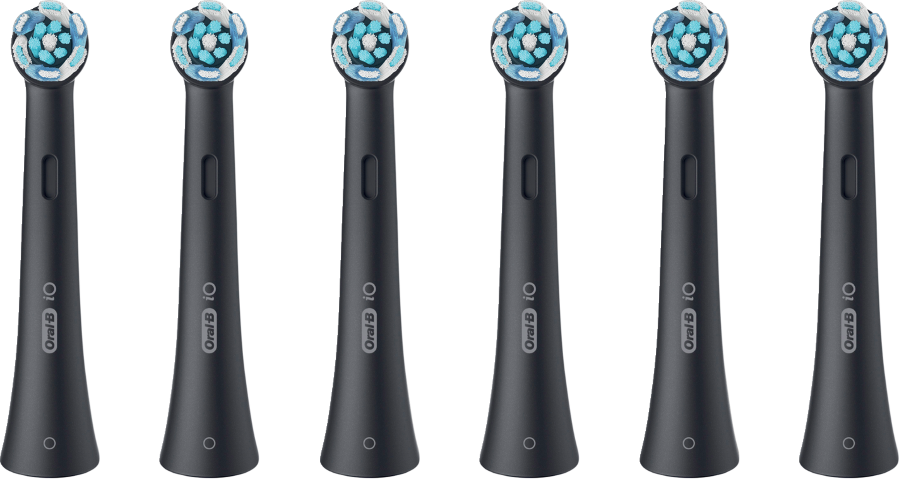 Sechs schwarze Oral-B iO Zahnbürstenköpfe. Weiße und blaue Borsten sind auf den Köpfen sichtbar.