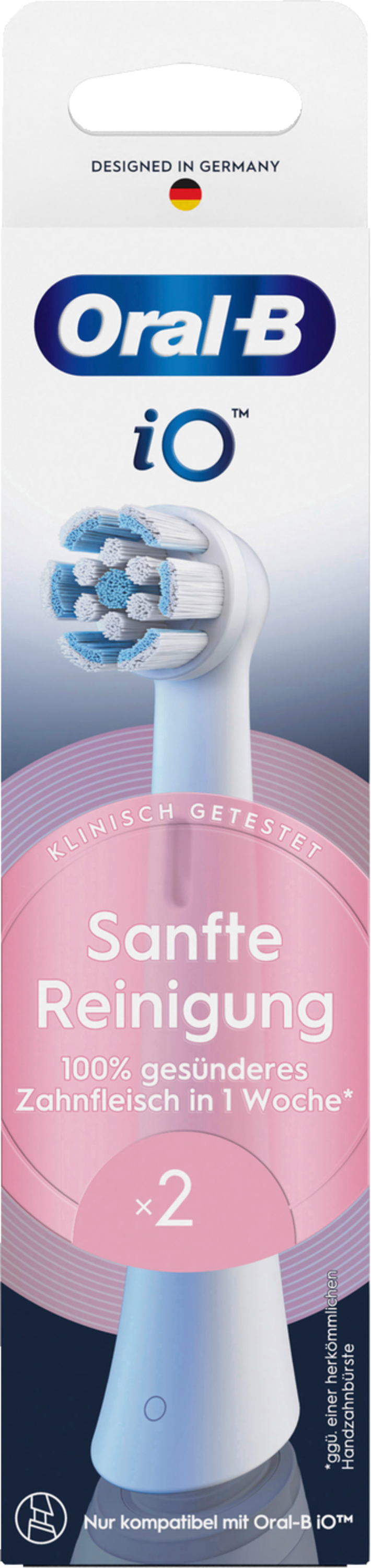 Oral-B iO Zahnbürstenkopf-Packung. Zeigt einen weißen Zahnbürstenkopf und Text.