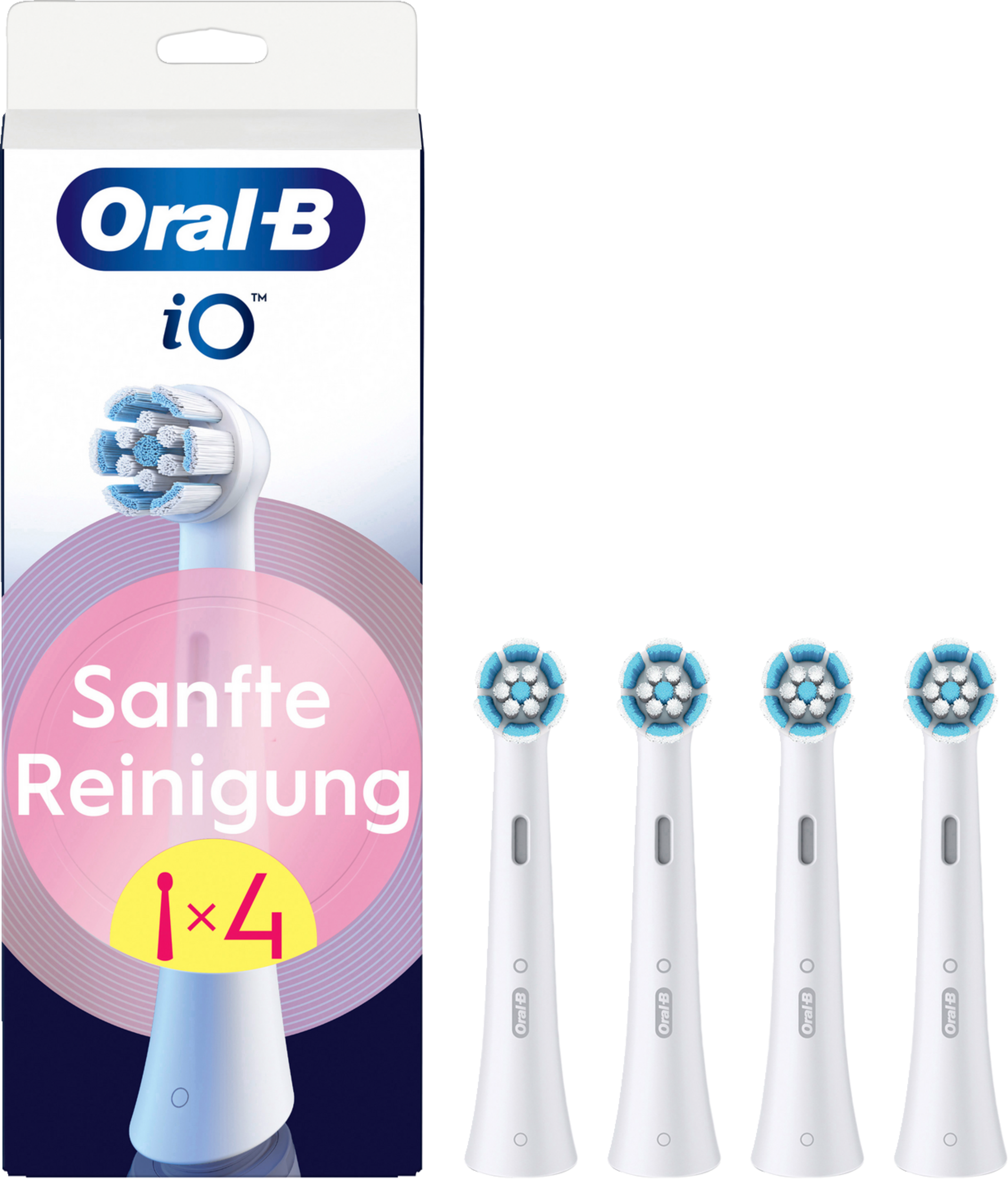 Schachtel mit Oral-B iO Zahnbürstenköpfen, mit einem Kopf in der Schachtel und vier weiteren.