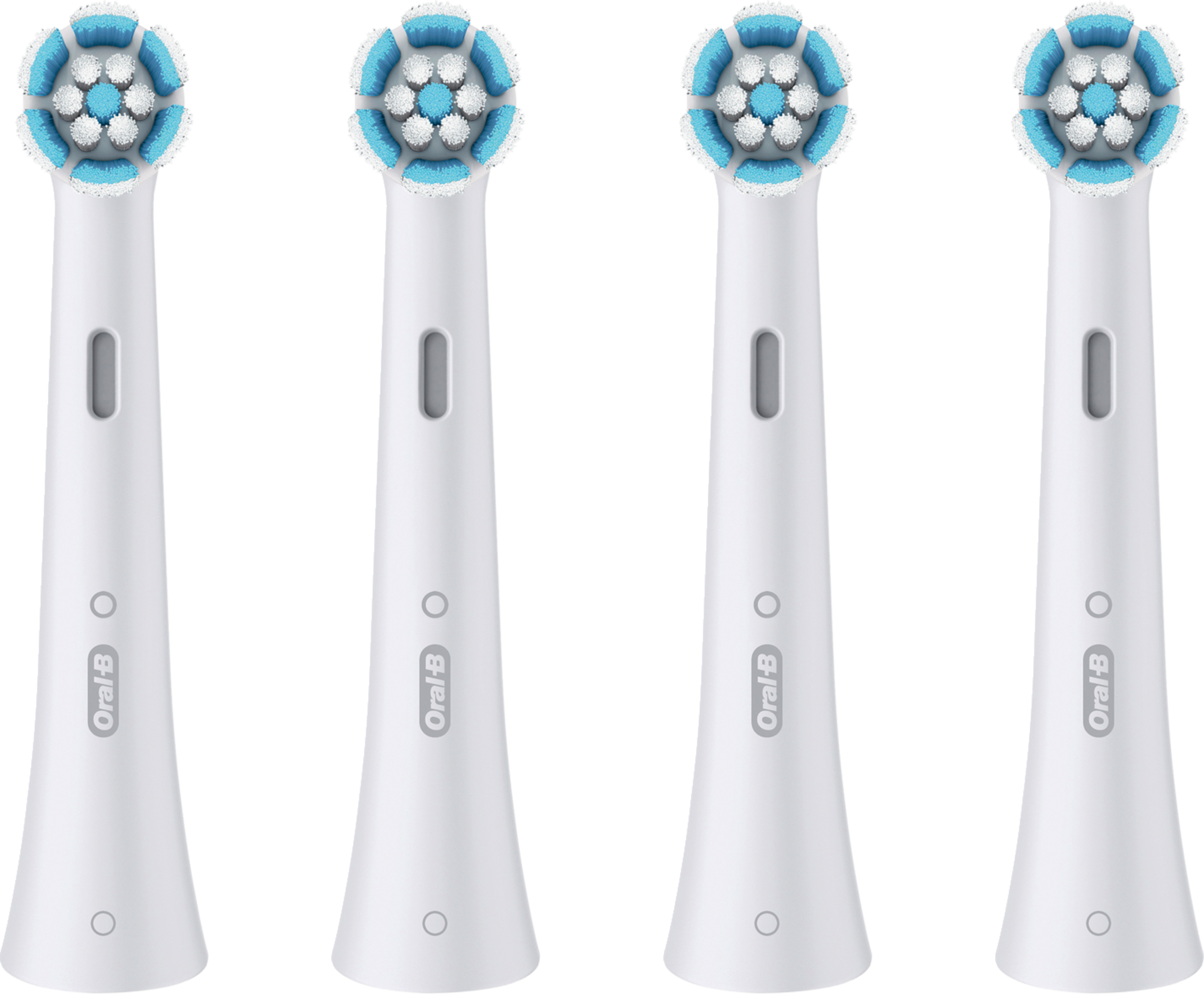Vier Oral-B iO Zahnbürstenköpfe. Weiße Griffe mit blau-weißen Borstenköpfen sind sichtbar.