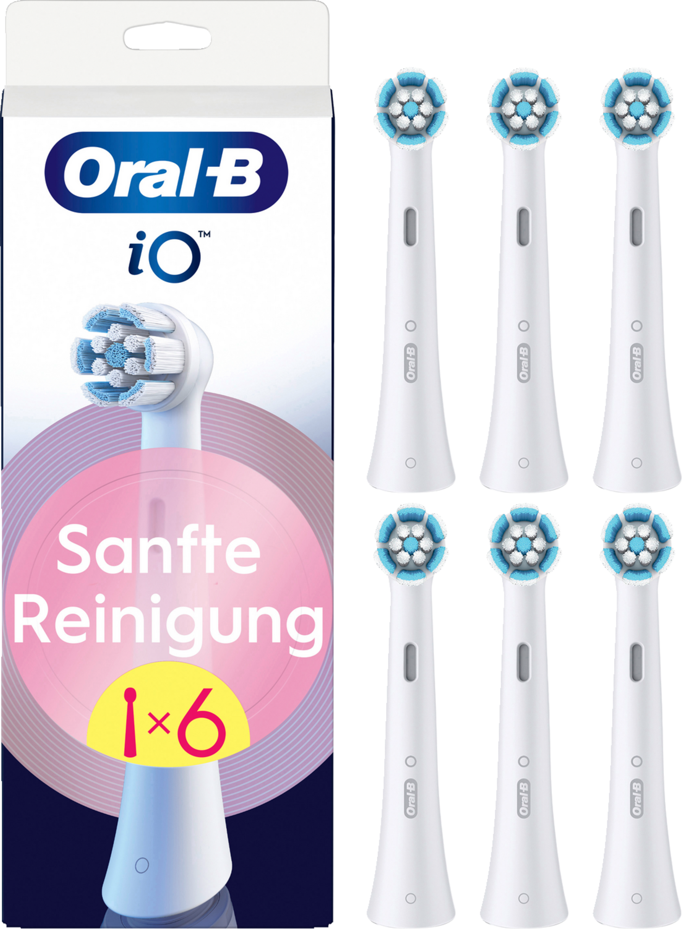 Oral-B iO Zahnbürstenkopf-Packung mit sechs Köpfen. Weiße Köpfe mit blauen und weißen Borsten werden gezeigt.