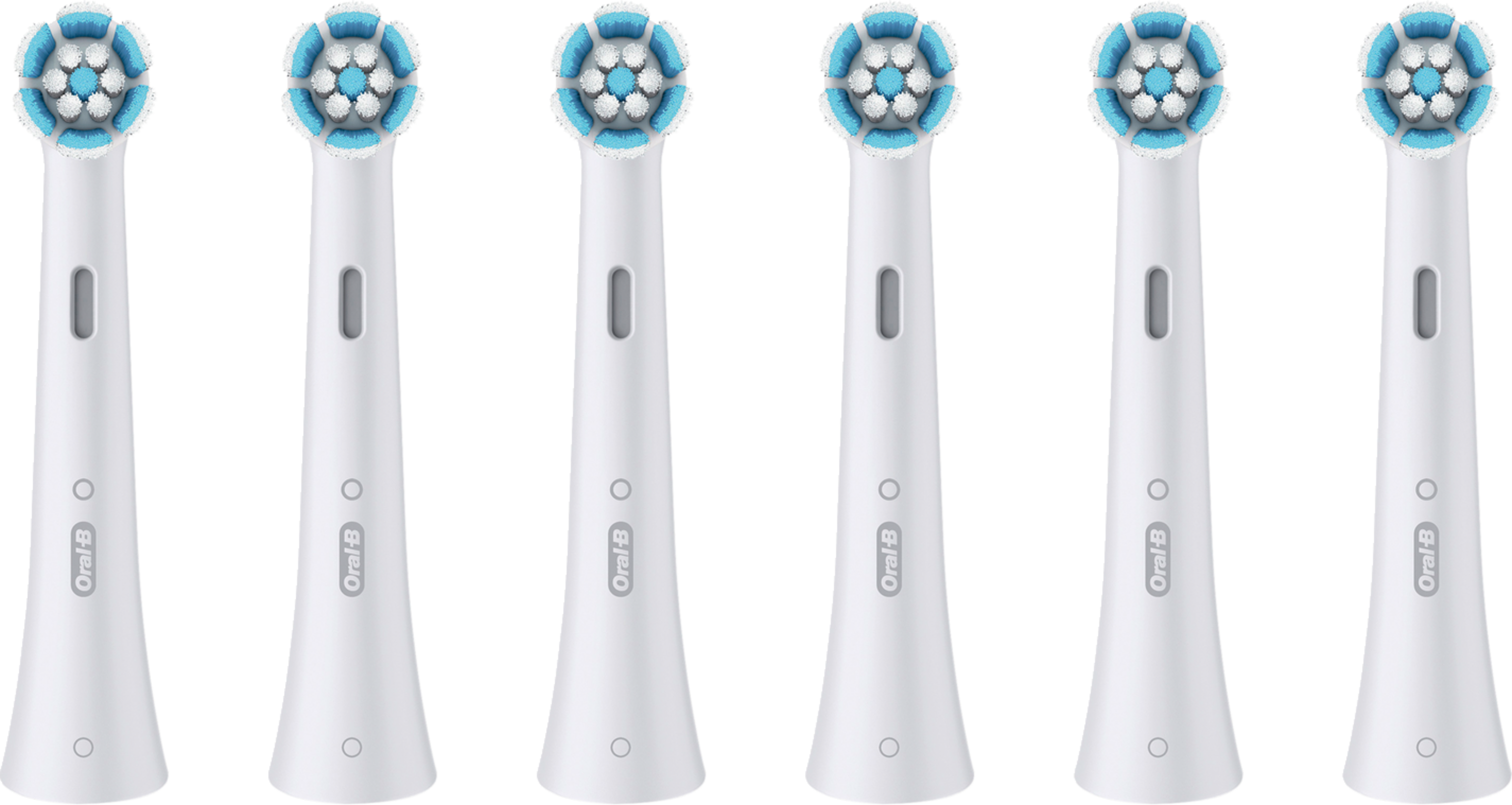 Sechs Oral-B iO Zahnbürstenköpfe. Weiße Griffe mit blau-weißen Borstenköpfen sind sichtbar.