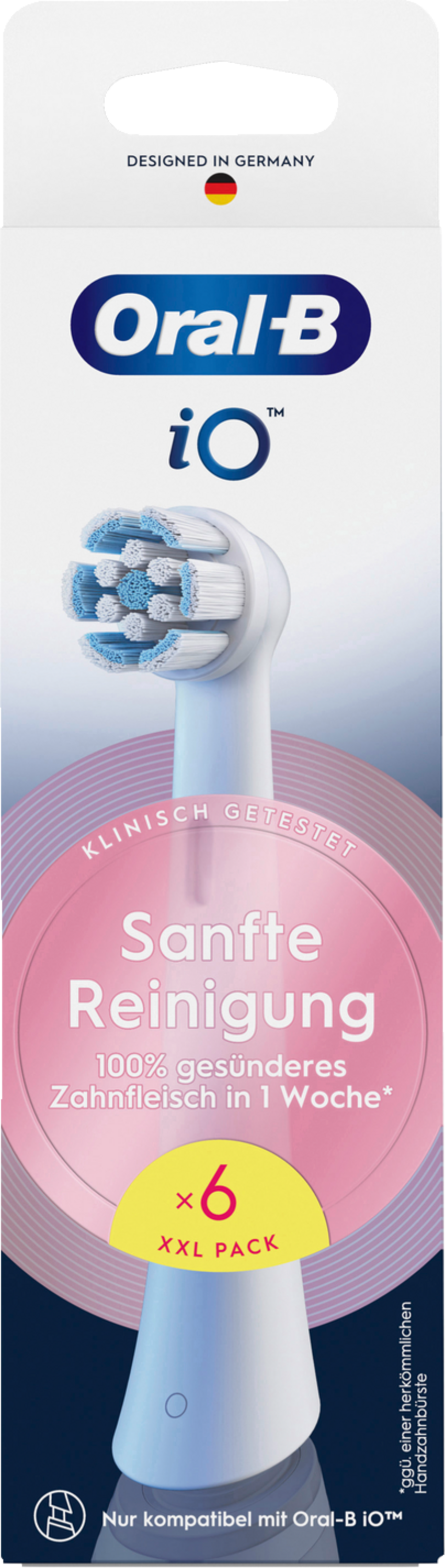 Oral-B iO Zahnbürstenkopf-Packung. Weiße und blaue Borsten, rosa Kreis mit deutschem Text. XXL-Pack, sechs Köpfe.