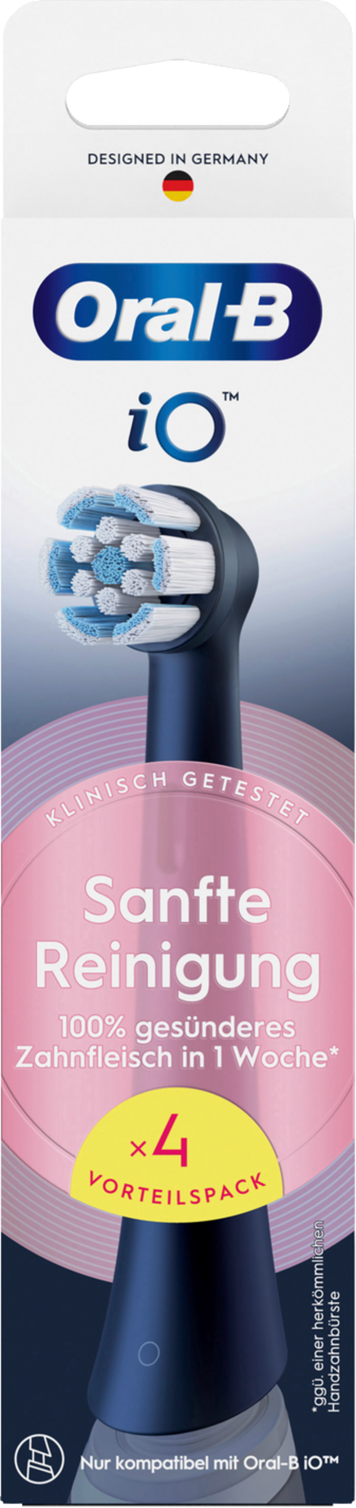 Oral-B iO Zahnbürstenkopf-Packung. Weiß, Blau und Dunkelblau. Text enthält 'Sanfte Reinigung' und '4 Vorteilspack'.