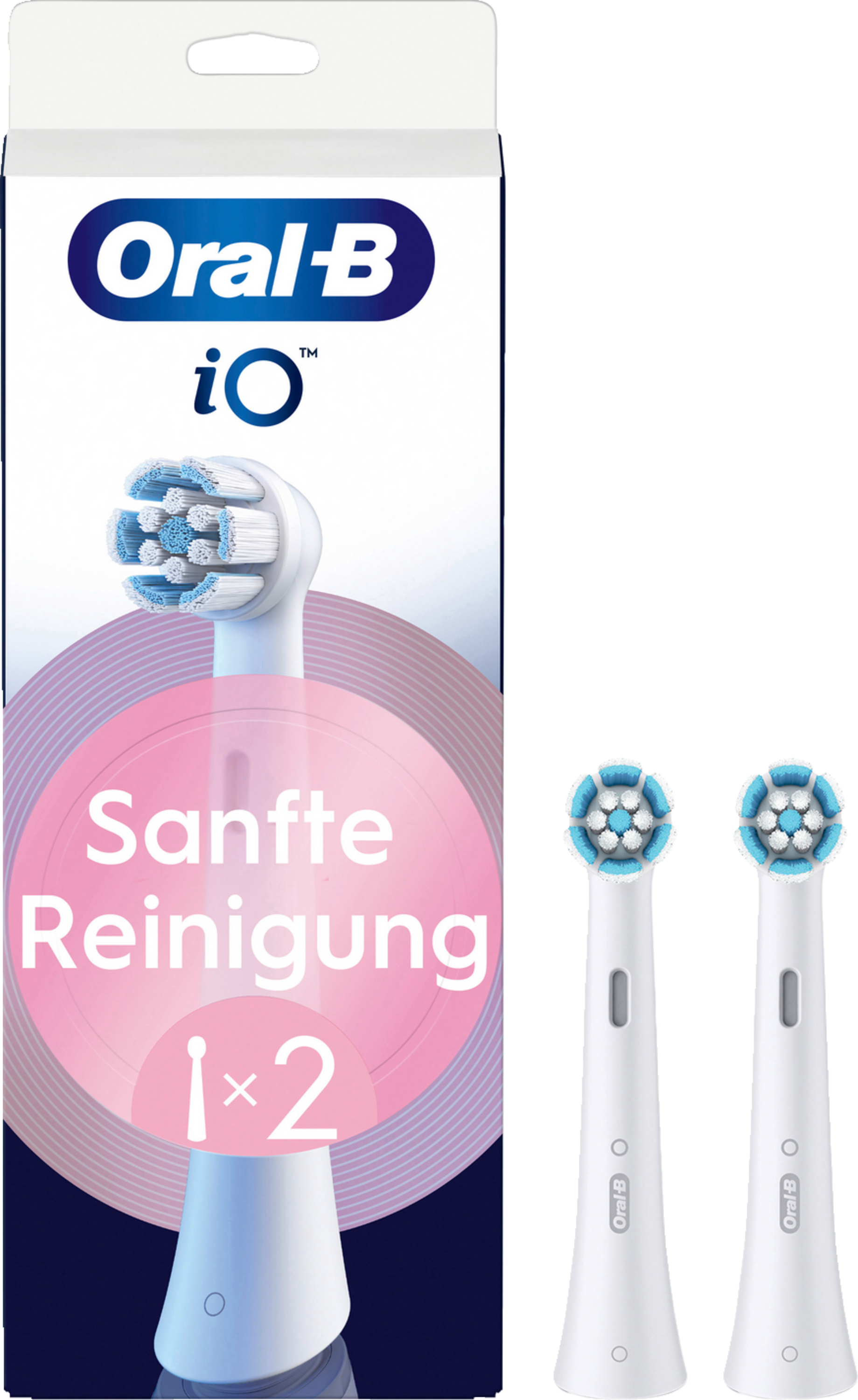 Oral-B iO Zahnbürstenköpfe in Verpackung. Die Köpfe sind weiß, mit blau-weißen Borsten.