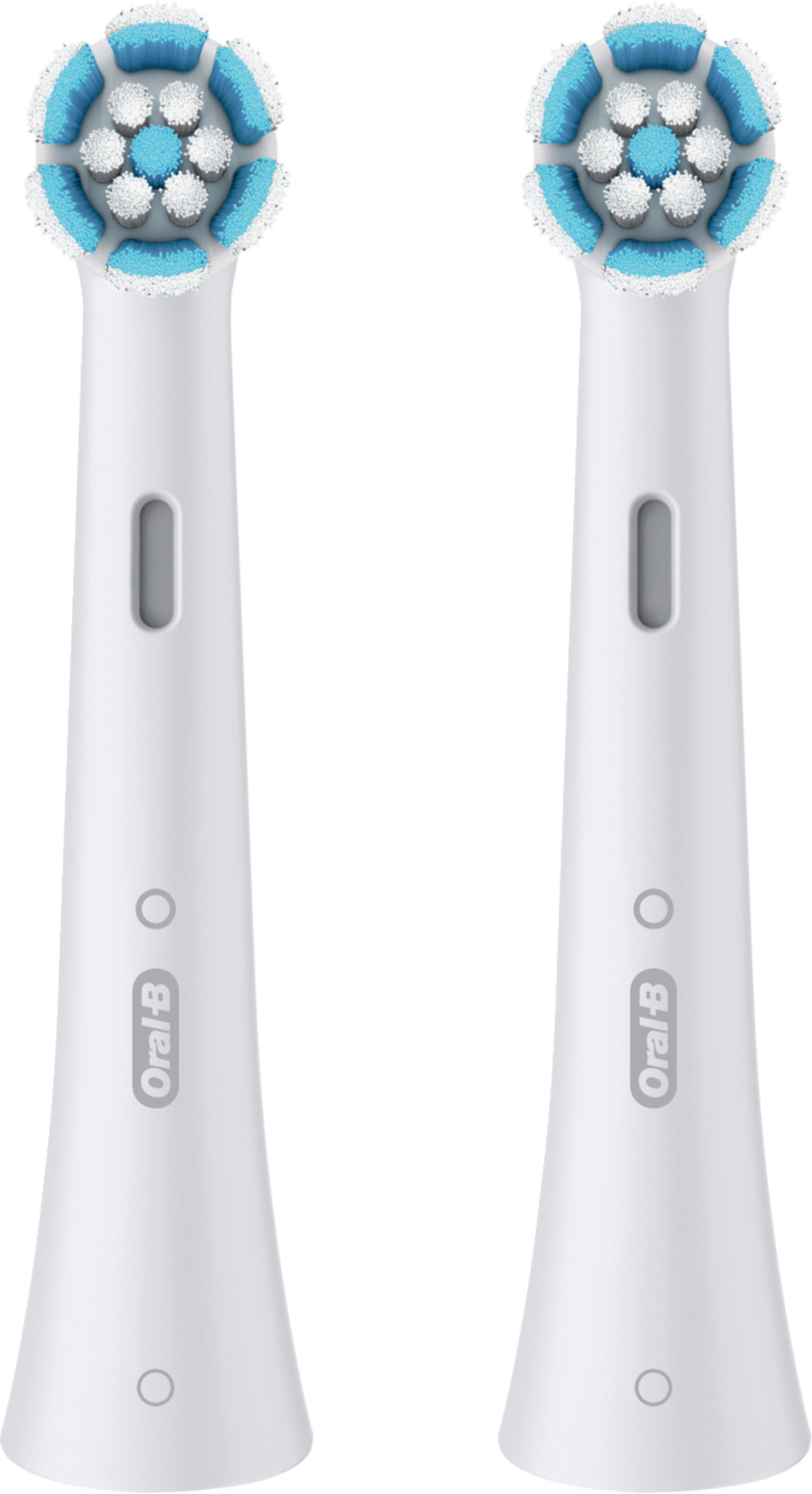 Zwei weiße Oral-B-Zahnbürstenköpfe. Jeder hat blaue und weiße Borsten. Der Hintergrund ist schwarz.