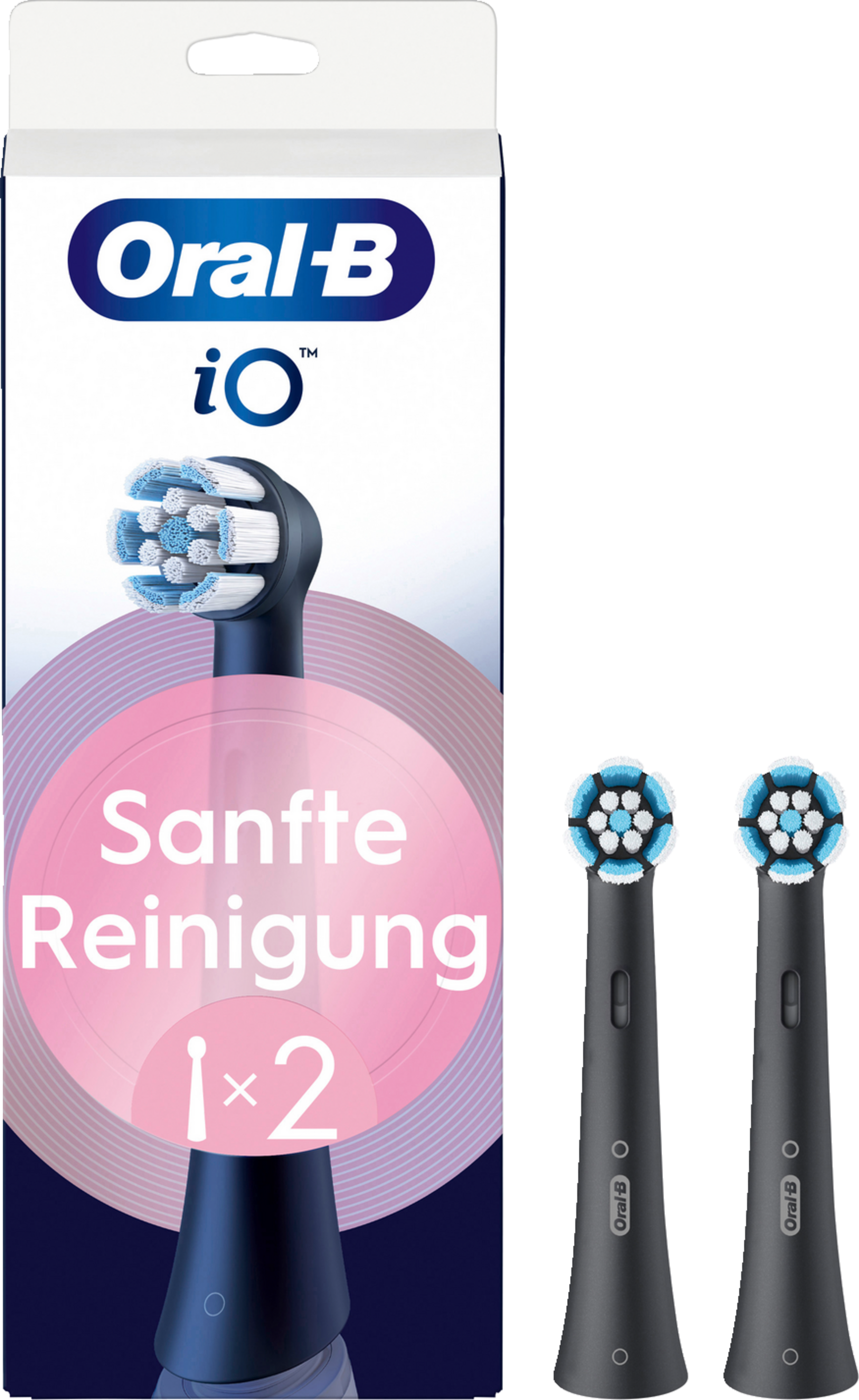 Oral-B Zahnbürstenköpfe in einer Verpackung. Die Köpfe sind blau und weiß, mit Text.