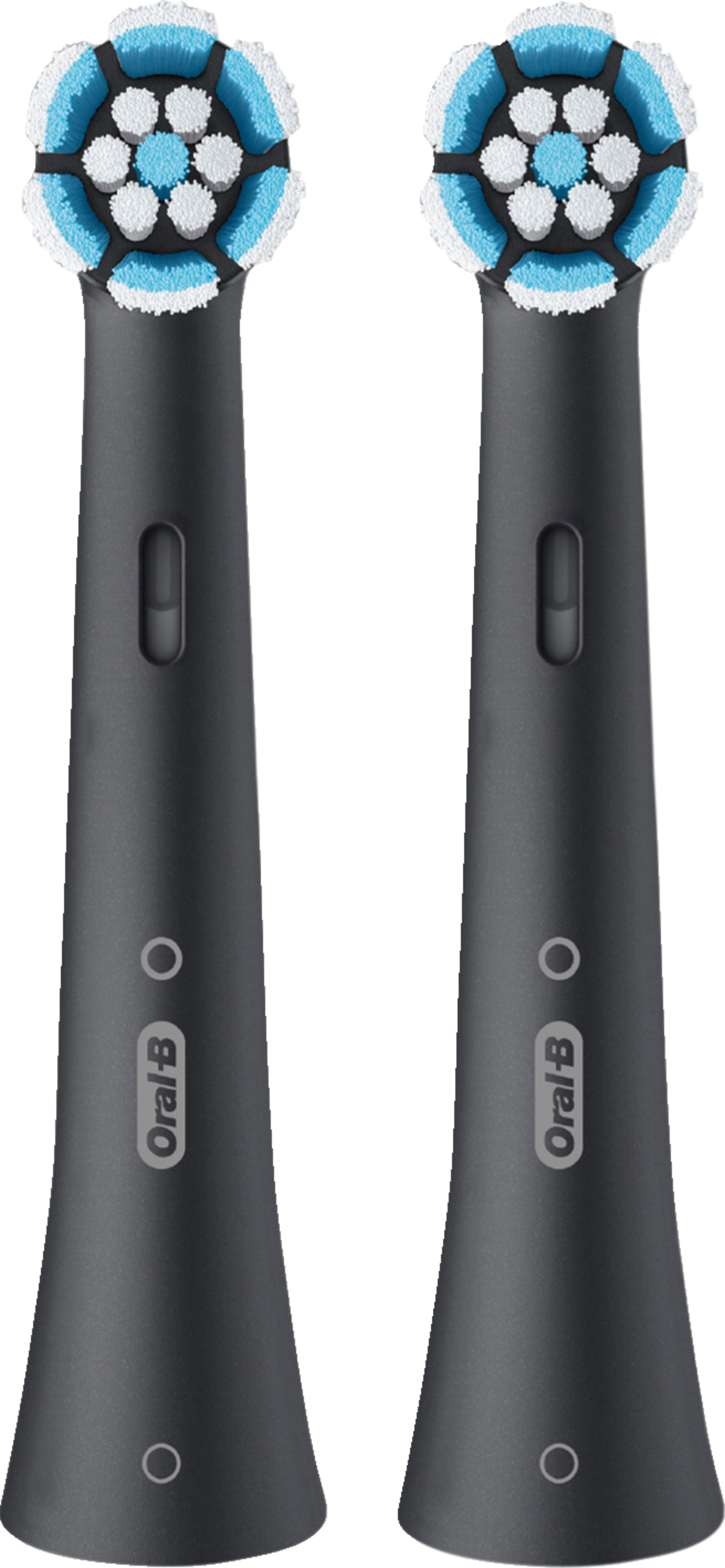 Zwei Oral-B-Zahnbürstenköpfe. Graue Griffe mit blauen, weißen Borsten.