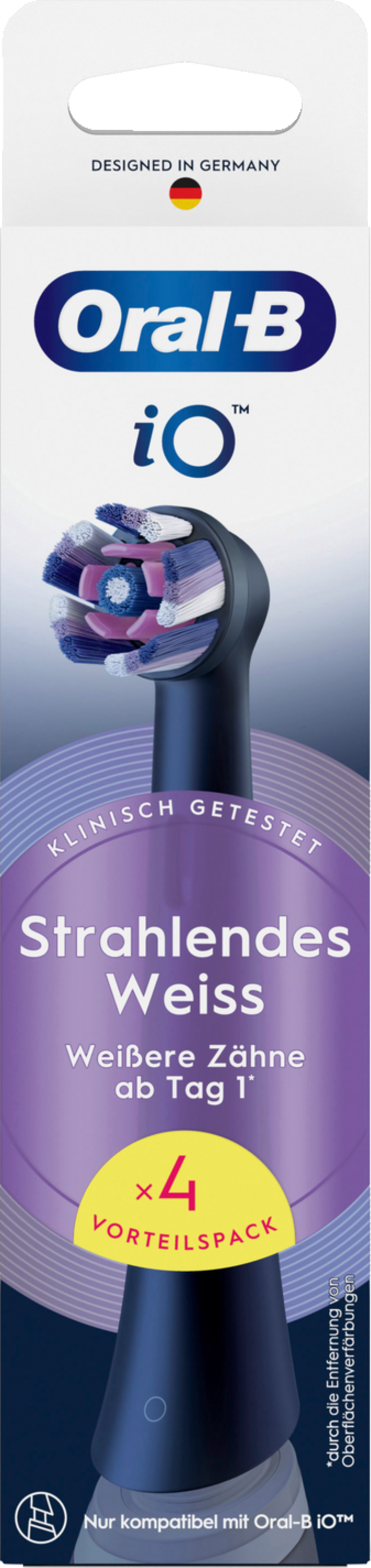 Oral-B iO Zahnbürstenkopf-Verpackung. Mit Zahnbürstenkopf, Text und gelbem Angebotskreis.