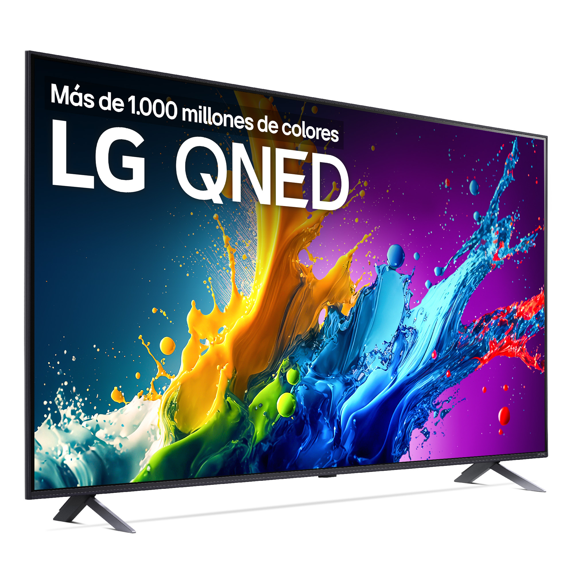 TV LG QNED con pantalla de salpicaduras colorida, texto: 'Más de 1.000 millones de colores'.