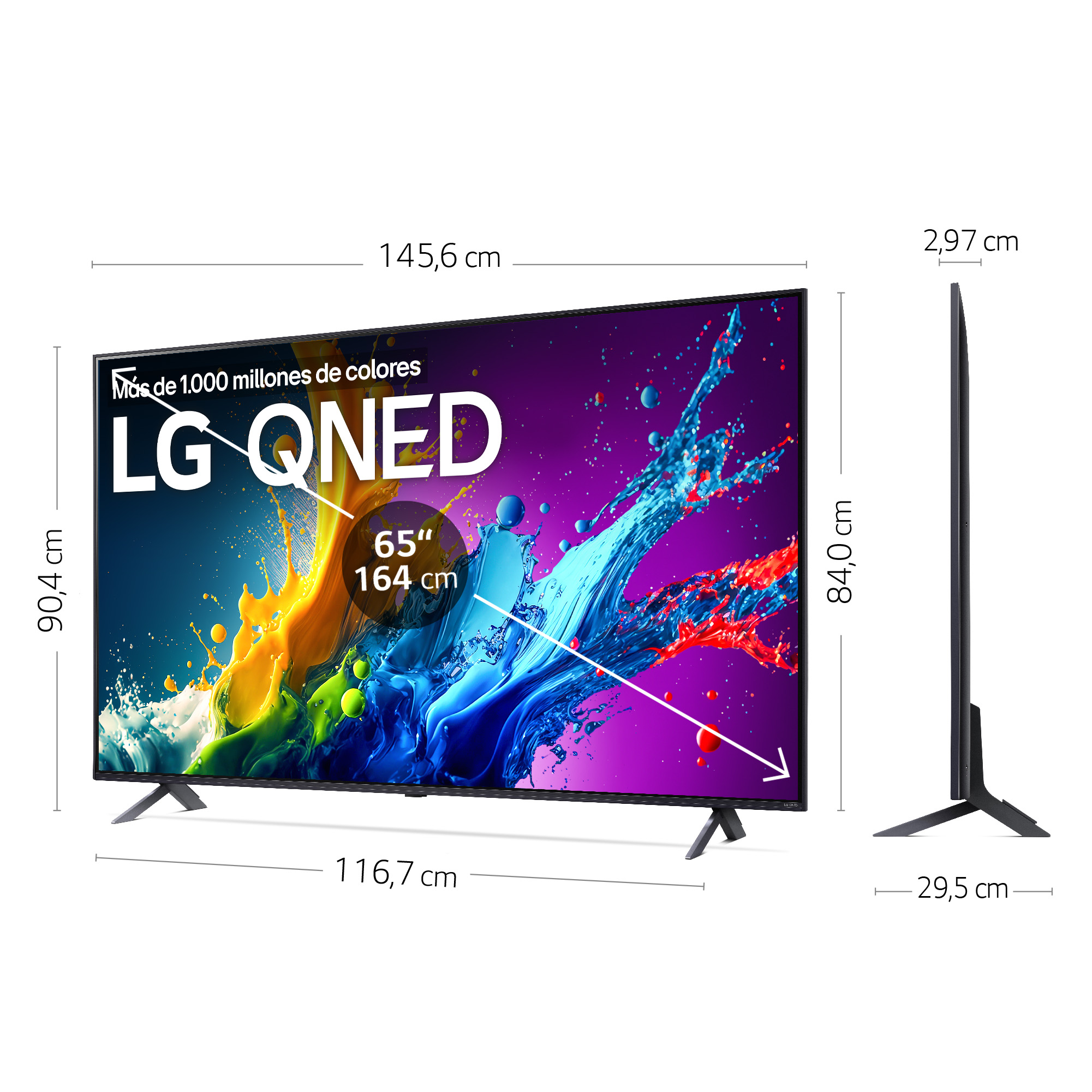 Un televisor grande que muestra una imagen colorida. El televisor es negro y se proporcionan las dimensiones.