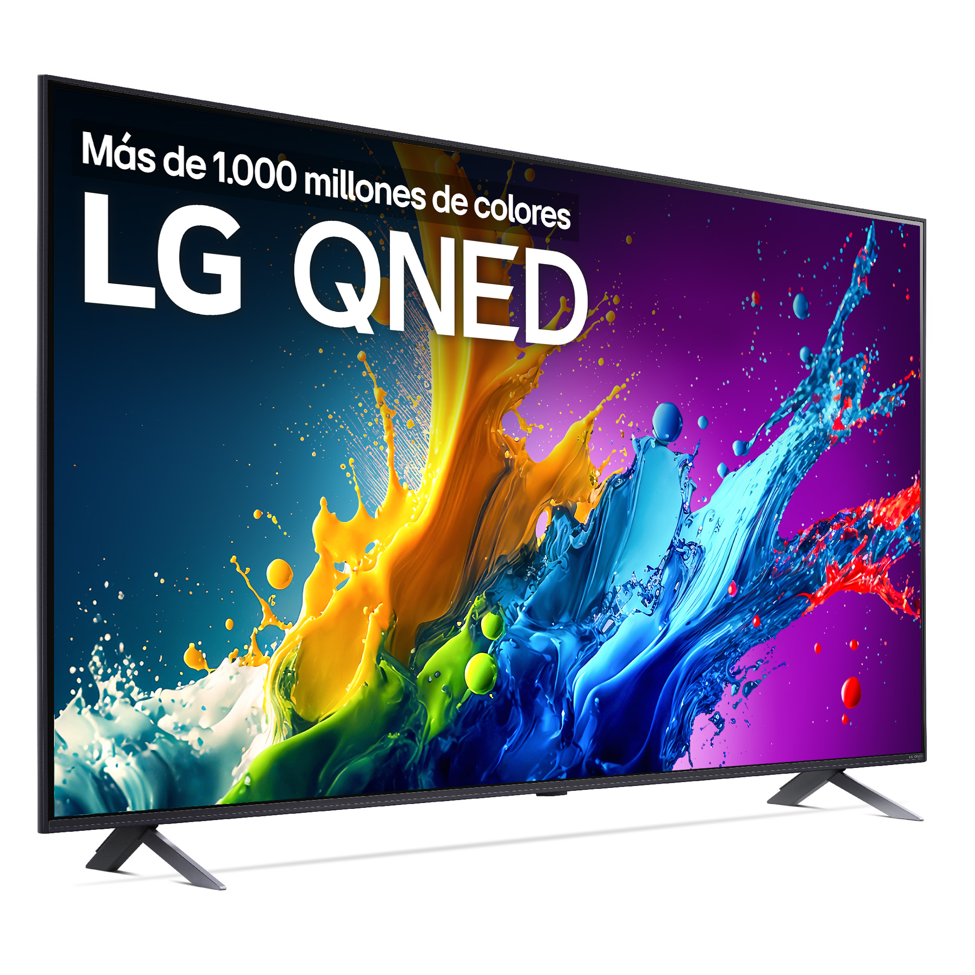 Televisor LG QNED con arte colorido en pantalla. El televisor está sobre un fondo blanco. Texto: 'LG QNED'.