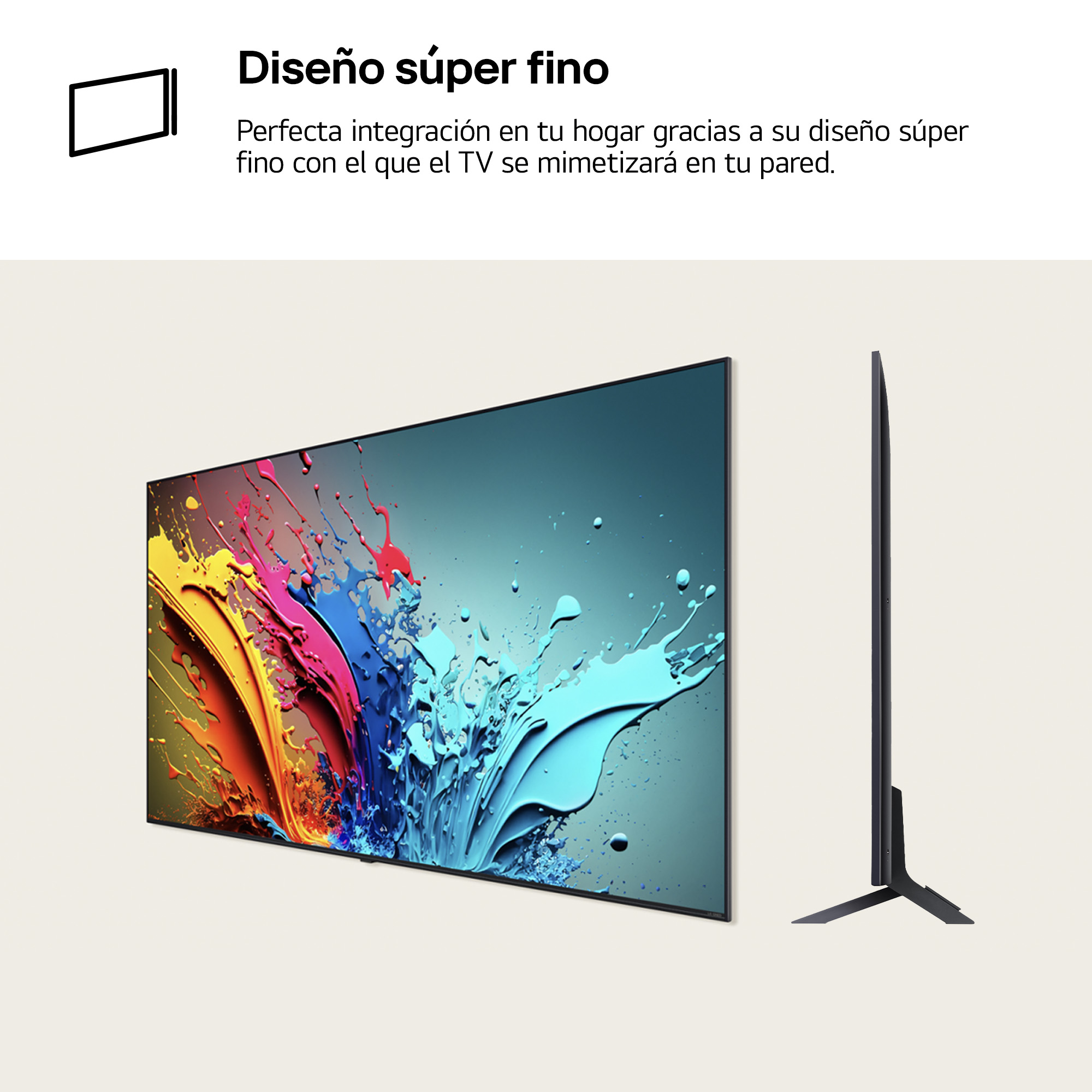 Un televisor de pantalla plana grande, con arte abstracto colorido, sobre un fondo claro. También se muestra una vista lateral.