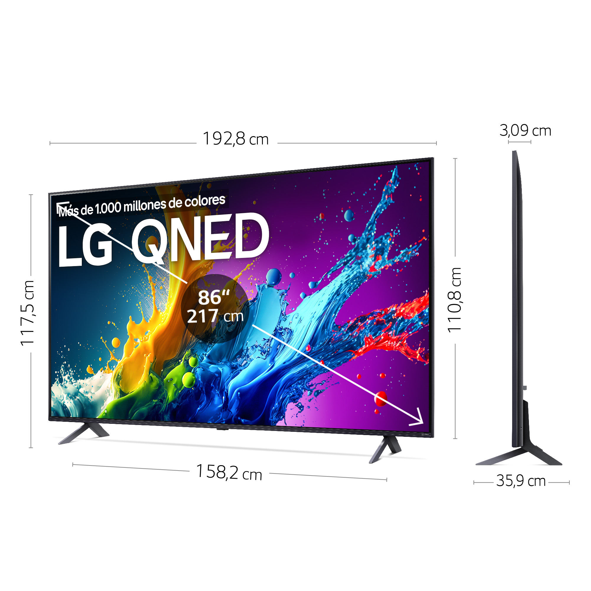 TV LG QNED, medidas indicadas, mostrando una pantalla de inicio colorida.