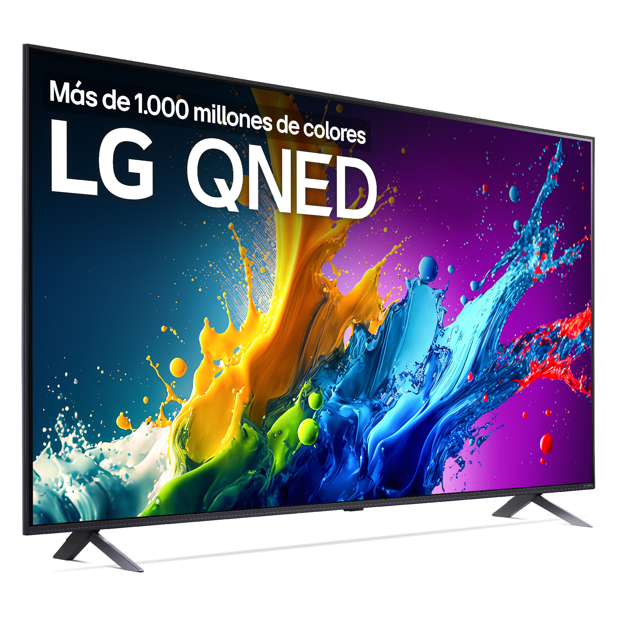 TV LG QNED en vista en ángulo, mostrando una pantalla de inicio colorida.