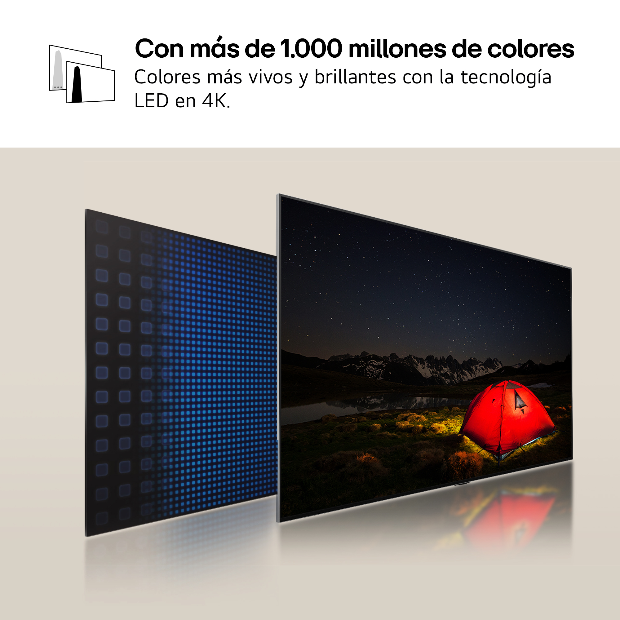 Dos pantallas de TV, una con cuadrícula, otra con escena de acampada nocturna.