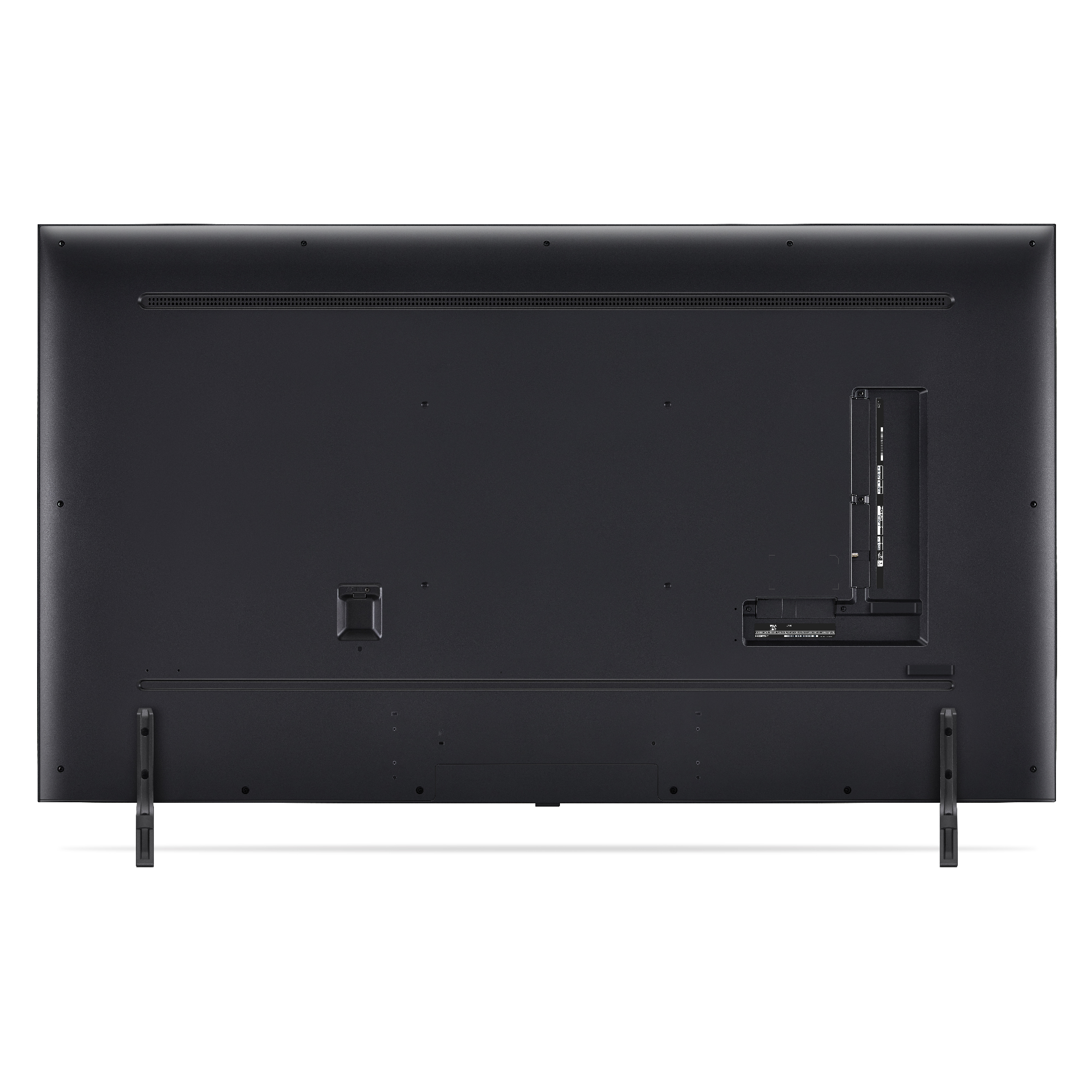 Parte trasera de un televisor LG negro con puertos y soportes visibles.