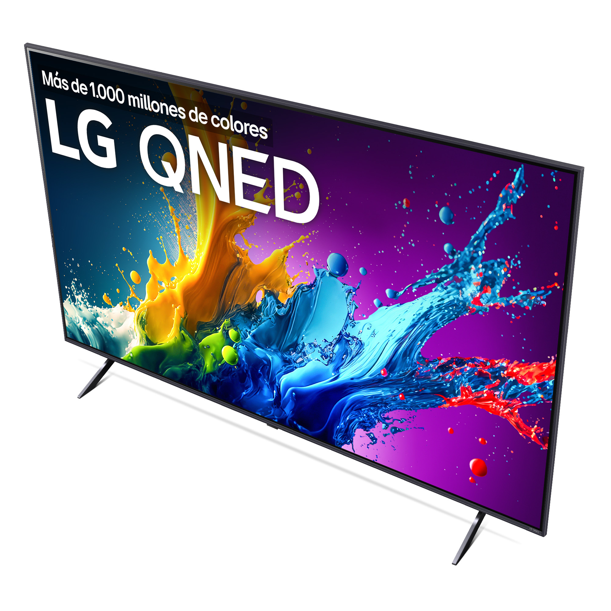 TV LG QNED, vista en ángulo, con un fondo de salpicaduras colorido. Texto: Más de 1.000 millones de colores.