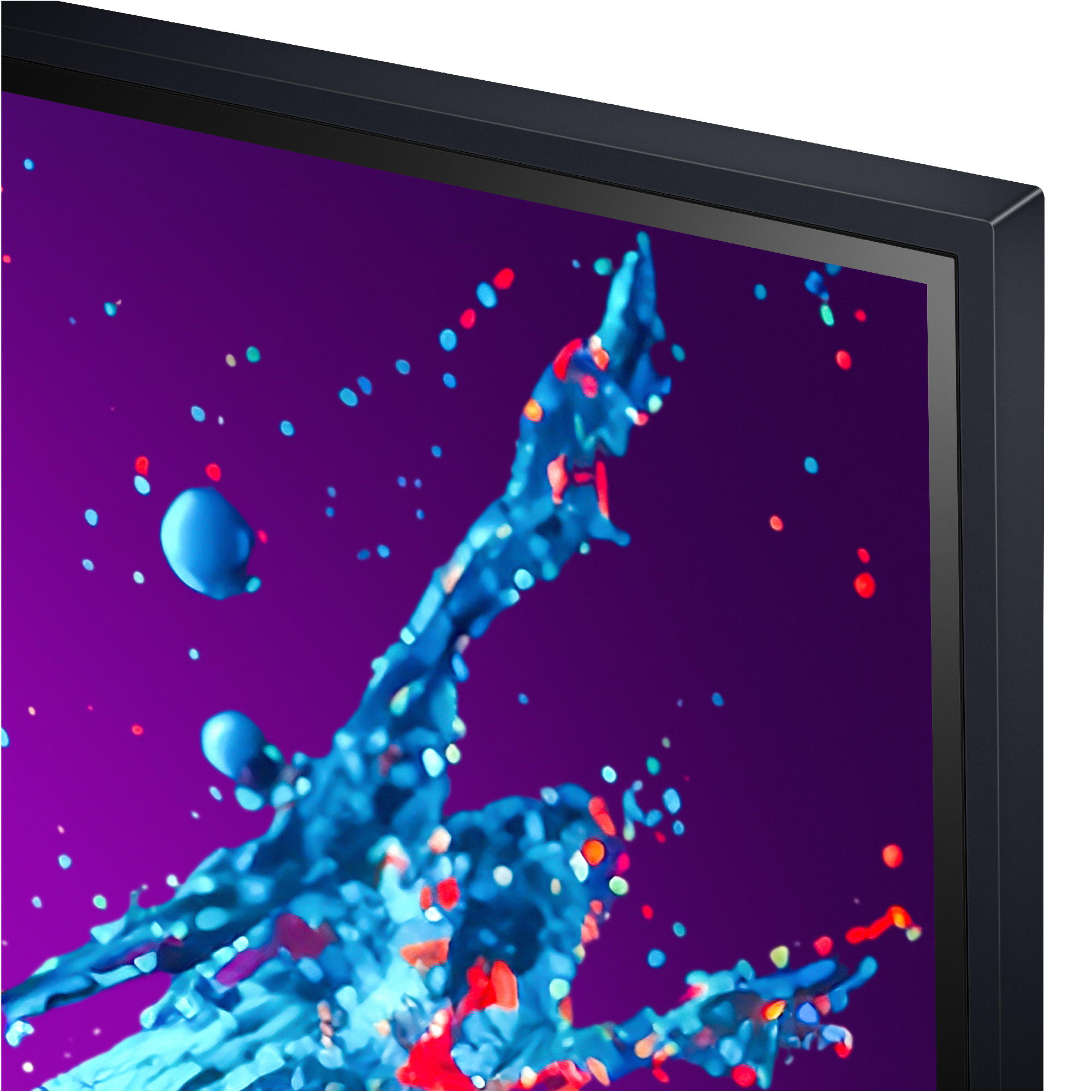 Primer plano de una pantalla de TV que muestra salpicaduras de líquido azul con puntos rojos y azules sobre un fondo púrpura.