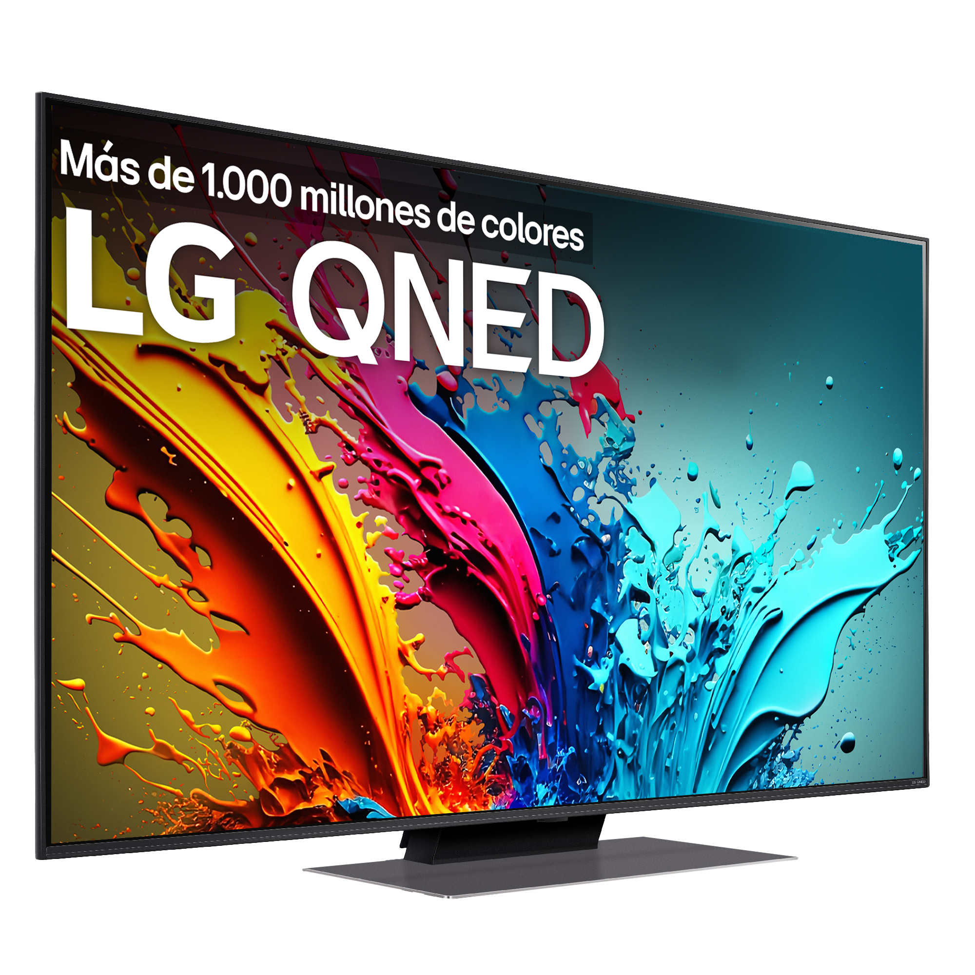 Vista frontal del TV con el logo LG QNED en la pantalla. Se muestra arte colorido.
