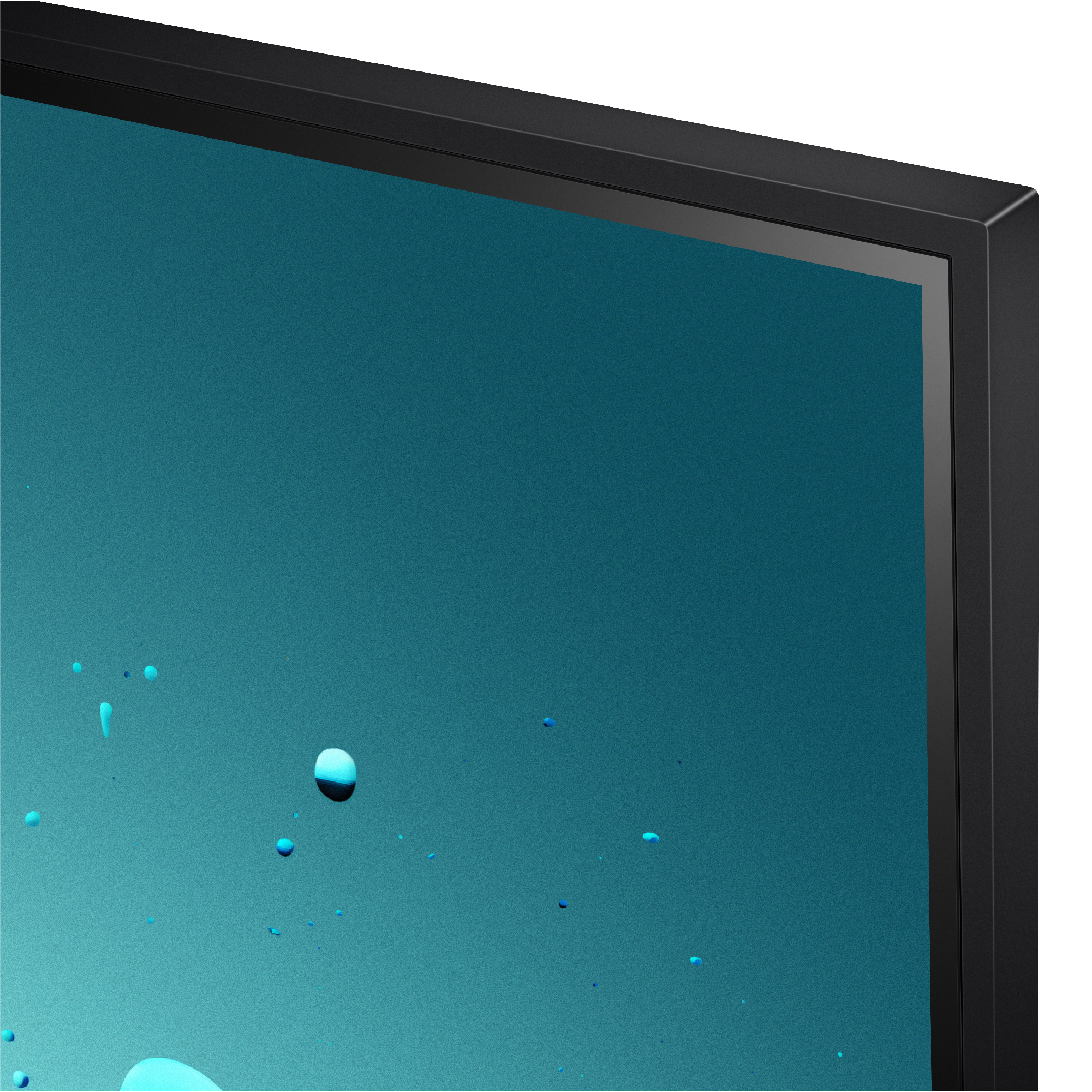 Primer plano de una pantalla de monitor que muestra un fondo azul turquesa con gotas de agua.