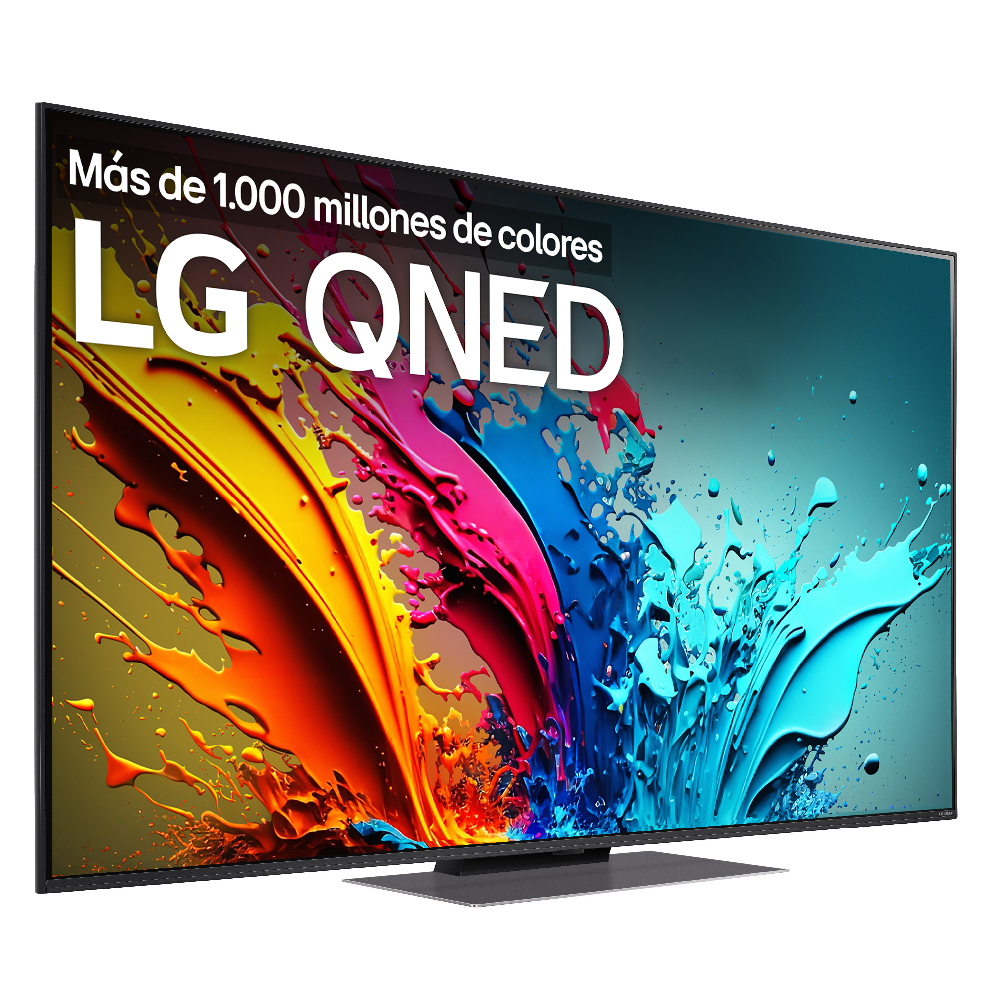 TV LG QNED, vista en ángulo, con un fondo de salpicaduras colorido. Texto: Más de 1.000 millones de colores.