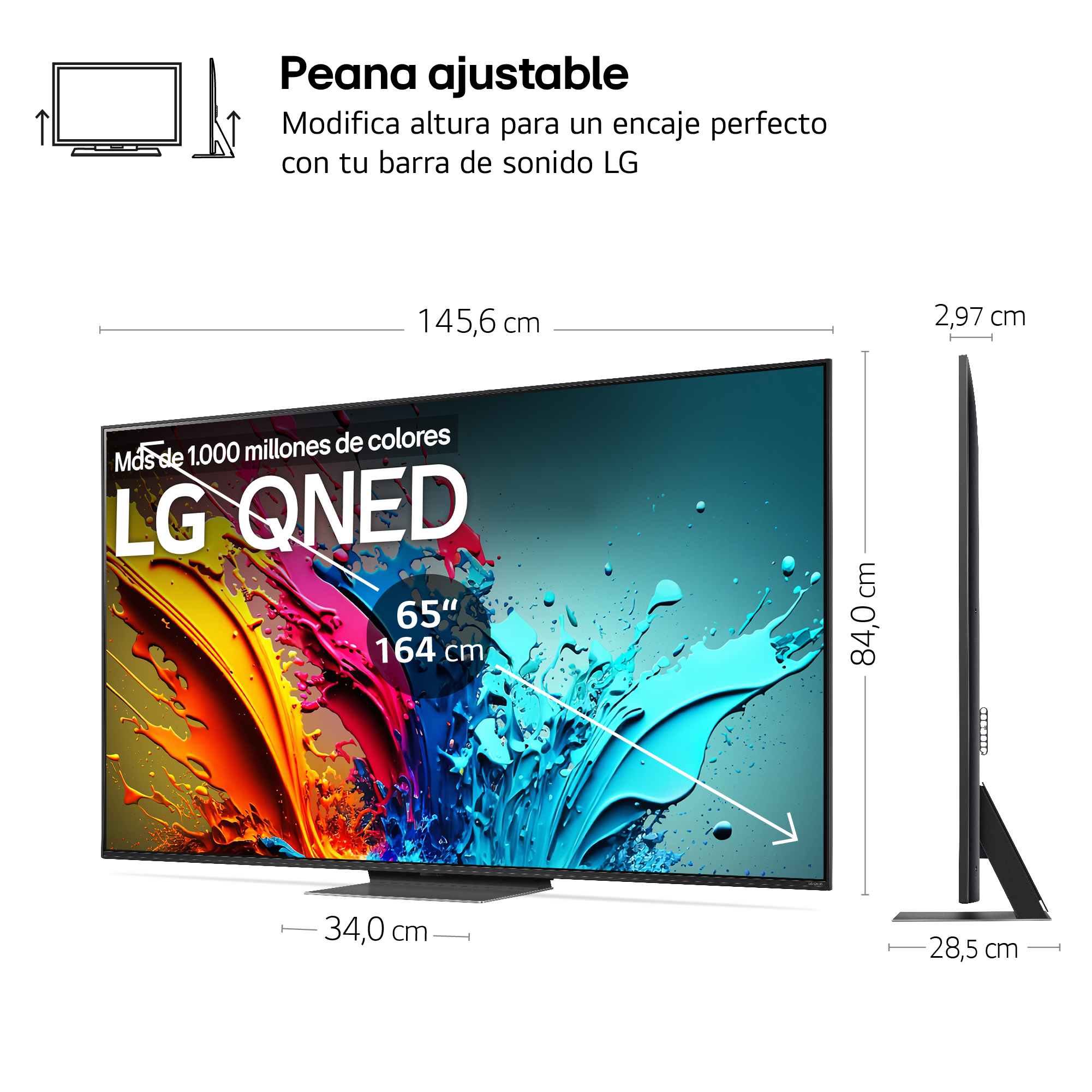Vista de perfil del TV con dimensiones. La pantalla muestra arte colorido.