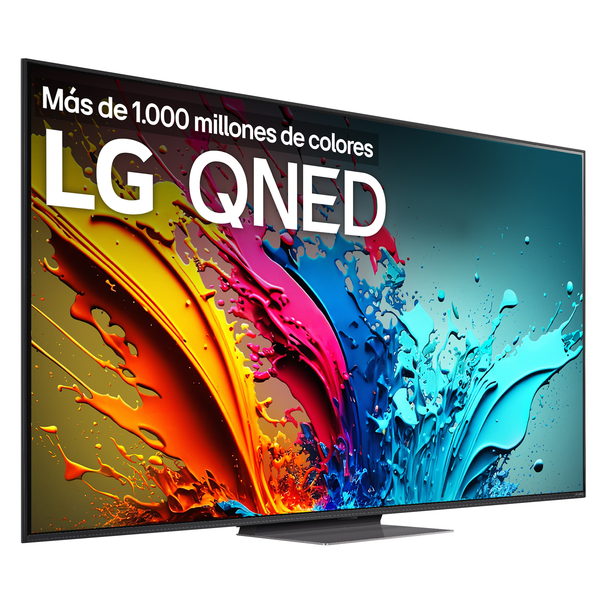 Vista frontal del TV con logo LG QNED en la pantalla. Muestra arte colorido.