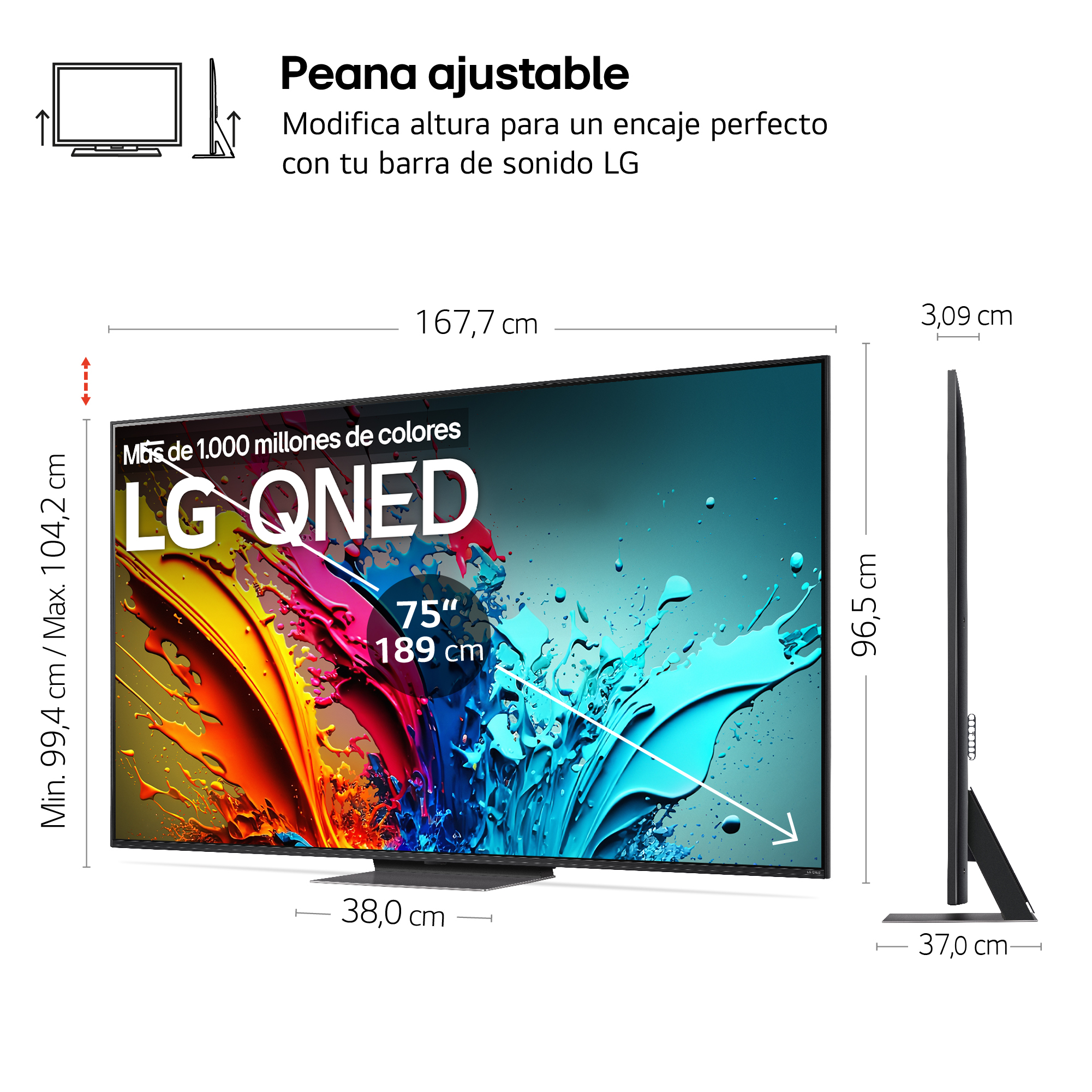 Diagrama de un televisor QNED, con dimensiones y texto: 'Más de 1.000 millones de colores'.