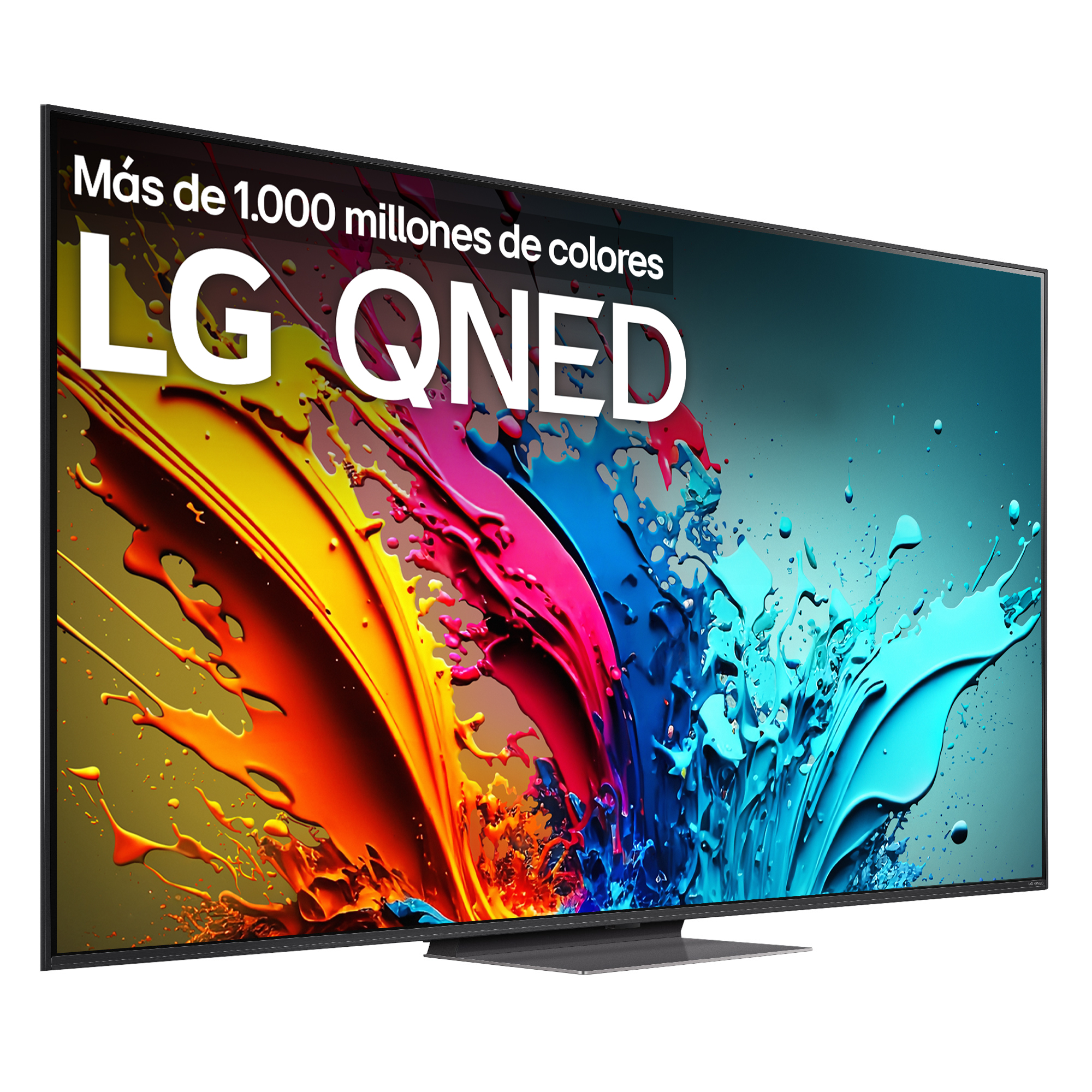 Vista frontal del TV con logo LG QNED en la pantalla. Muestra arte colorido.
