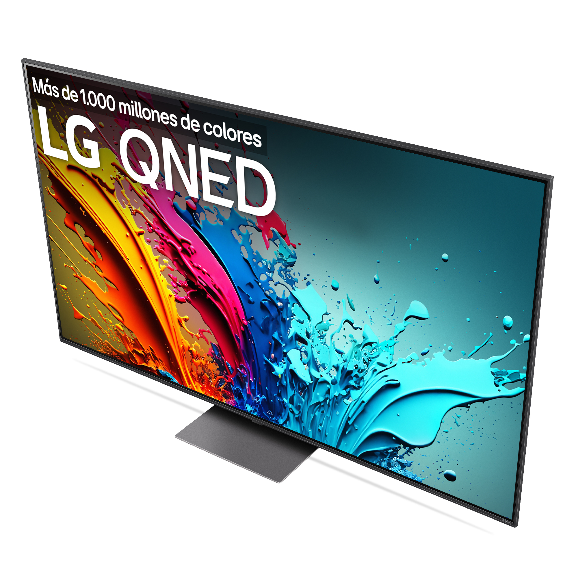 Vista frontal del TV con el logo LG QNED en la pantalla. Muestra arte colorido.