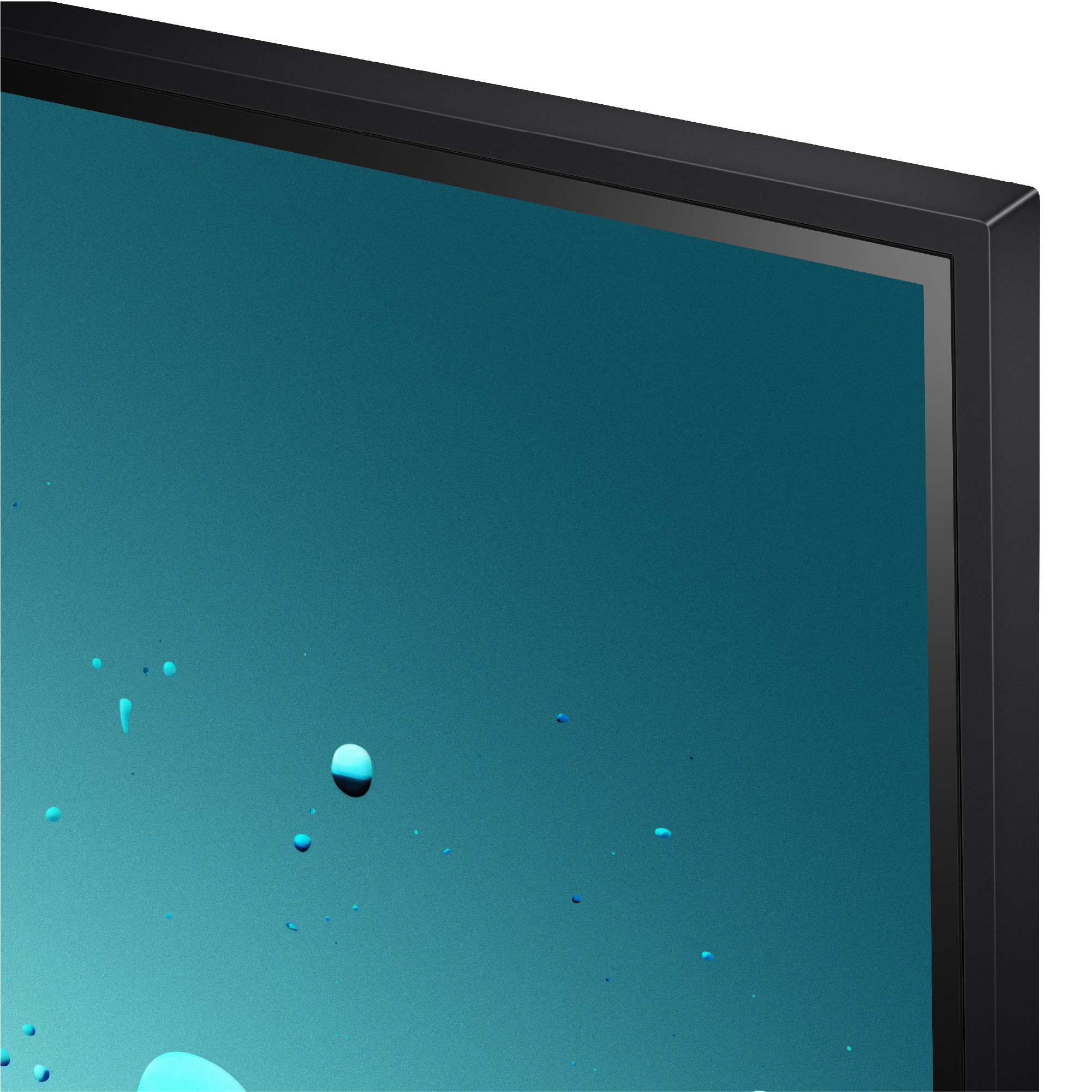 Primer plano de pantalla de TV. La pantalla es oscura con azul y gotas de agua.