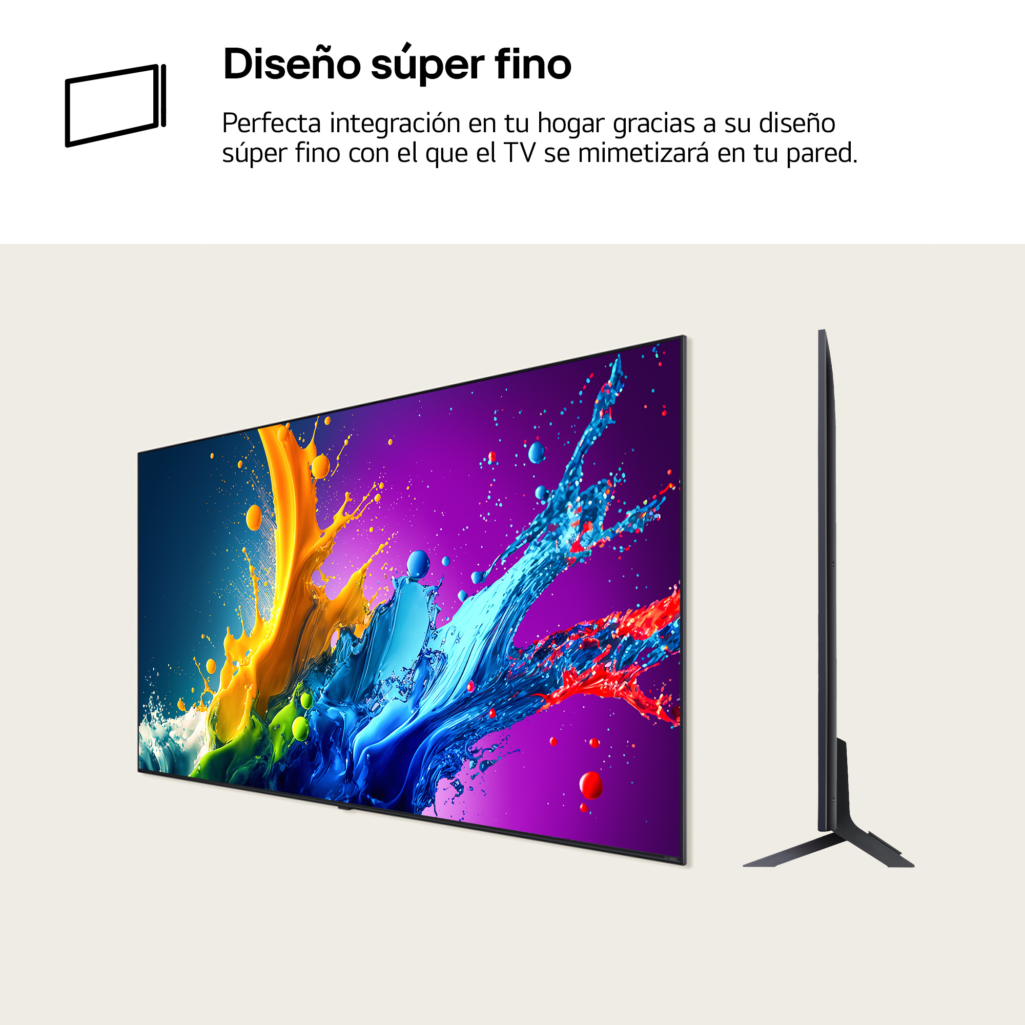 Un televisor con una imagen abstracta colorida en la pantalla. Muestra el televisor de perfil.