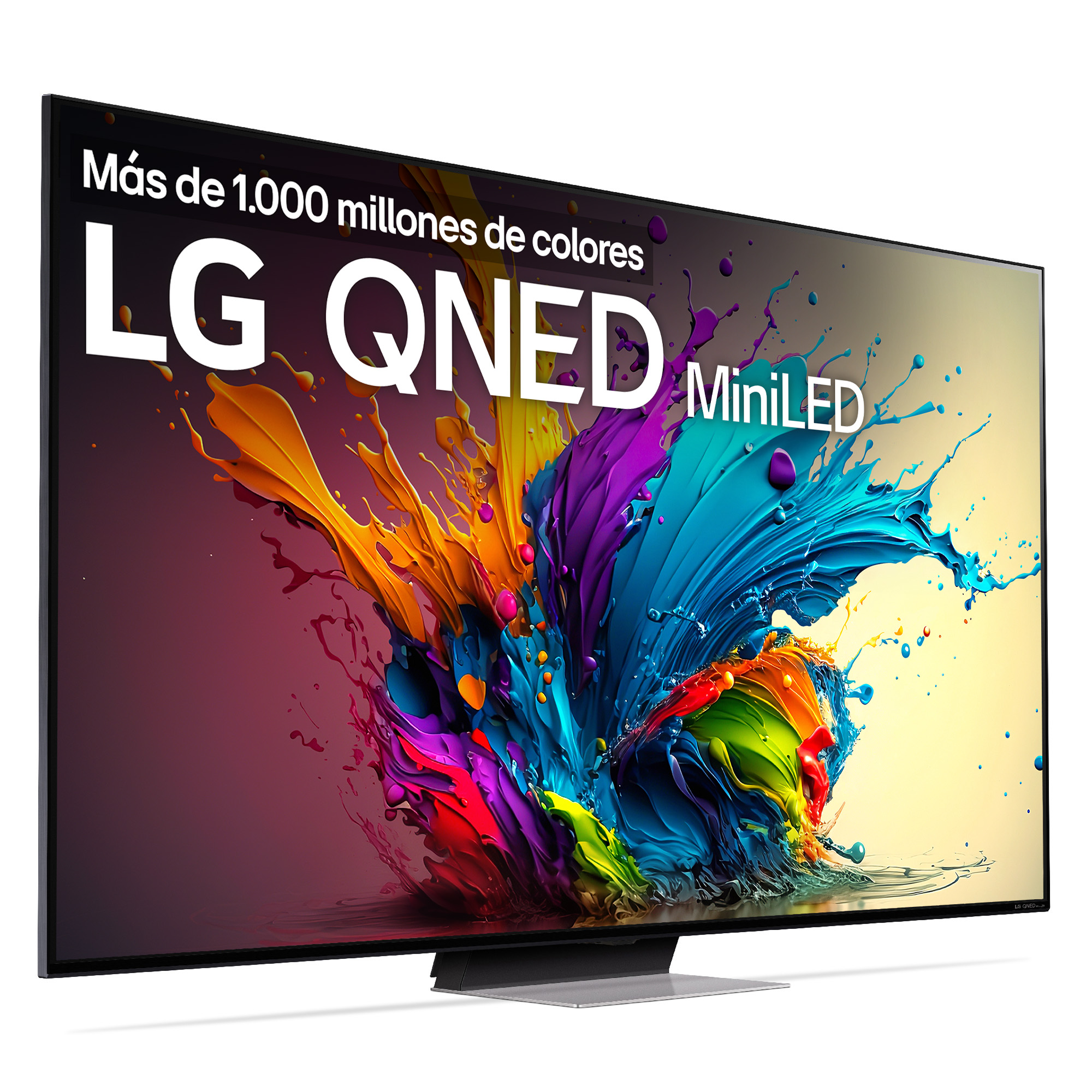 TV LG QNED MiniLED. La pantalla muestra arte abstracto colorido. El TV está en un soporte.