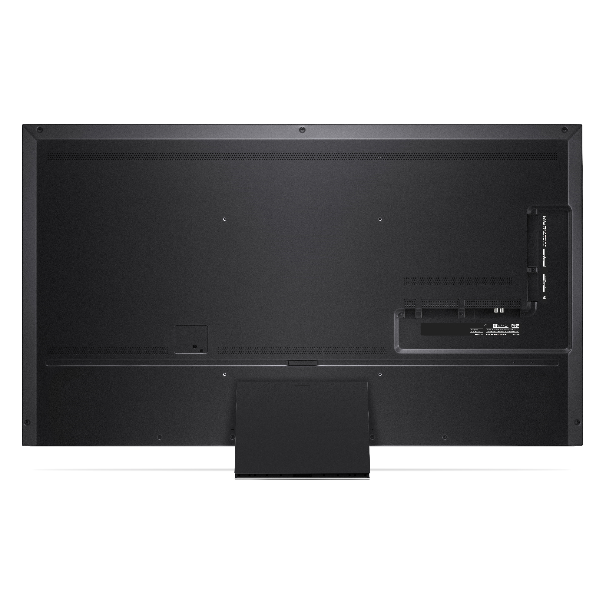 La parte trasera de un televisor negro grande con puertos y soporte. Fondo blanco.