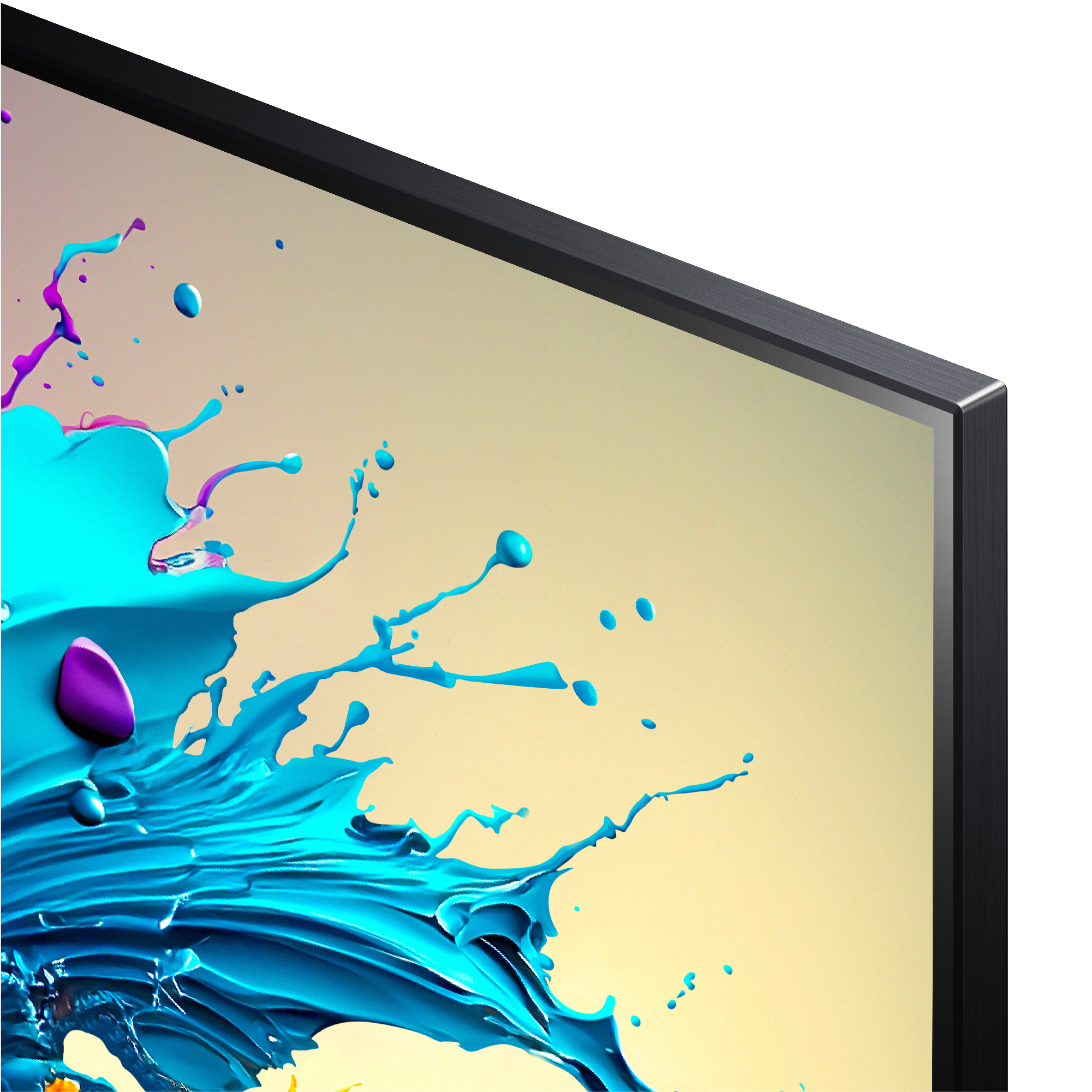 Primer plano de esquina de TV con diseño abstracto y colorido en la pantalla.