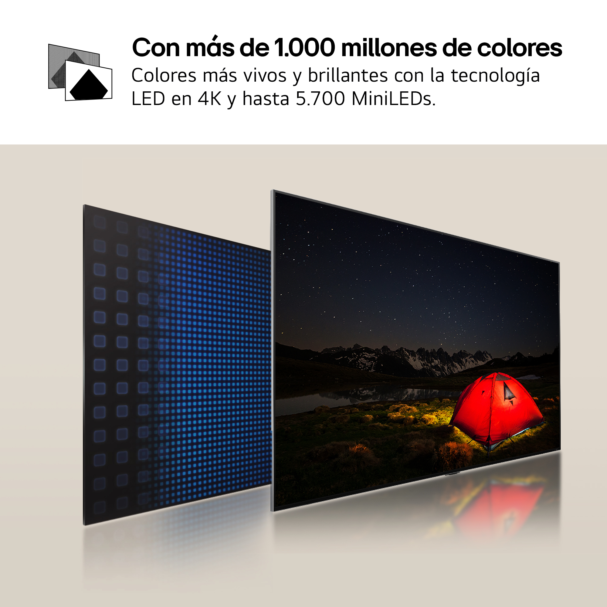 TV mostrando una noche estrellada y una tienda iluminada. Un panel LED a la izquierda.